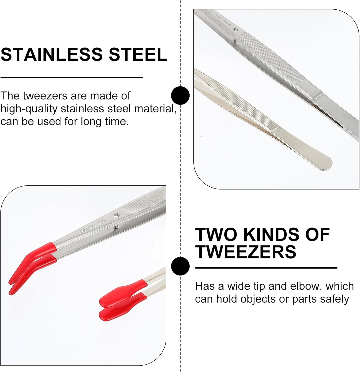 2pcs Stainless Steel Tweezers Set with Wide Elbow Tip and Straight Red Handle, Precision Home and Craft Tweezers for Jewelry Making and Lab Use