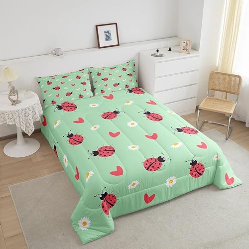 Miniatura 3 de Juego de ropa de cama de mariquita roja, tamaño matrimonial, lindo relleno de edredón de reptil de mariquita de dibujos animados para niños, niñas y