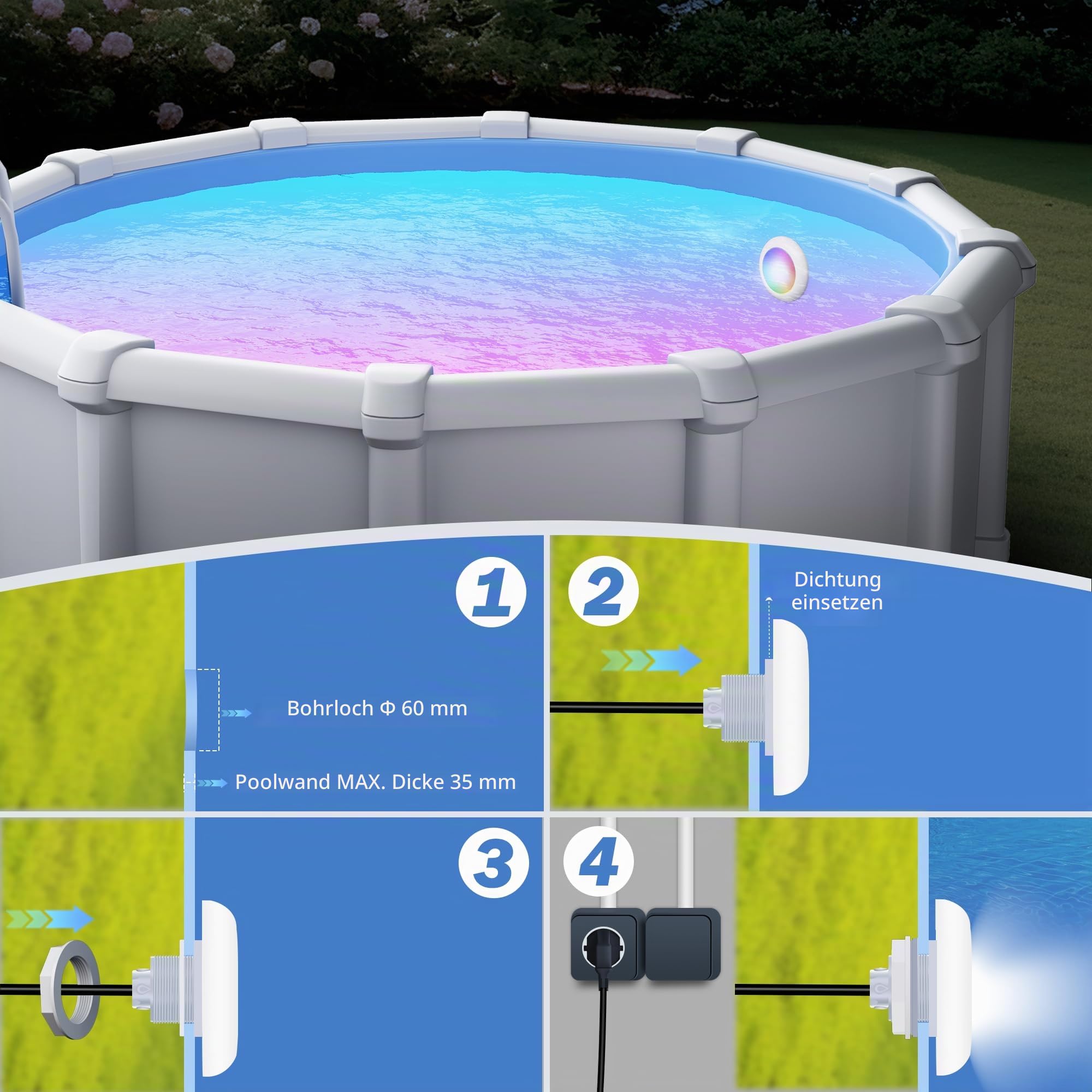 LED Poolbeleuchtung mit 2" Außengewinde, 25W Harz Gefüllt RGB Poolscheinwerfer für Aufstellpools, APP-Steuerung mit Timer, 12V AC Unterwasserscheinwerfer mit 9.5m Kabel für Stahlwandpool