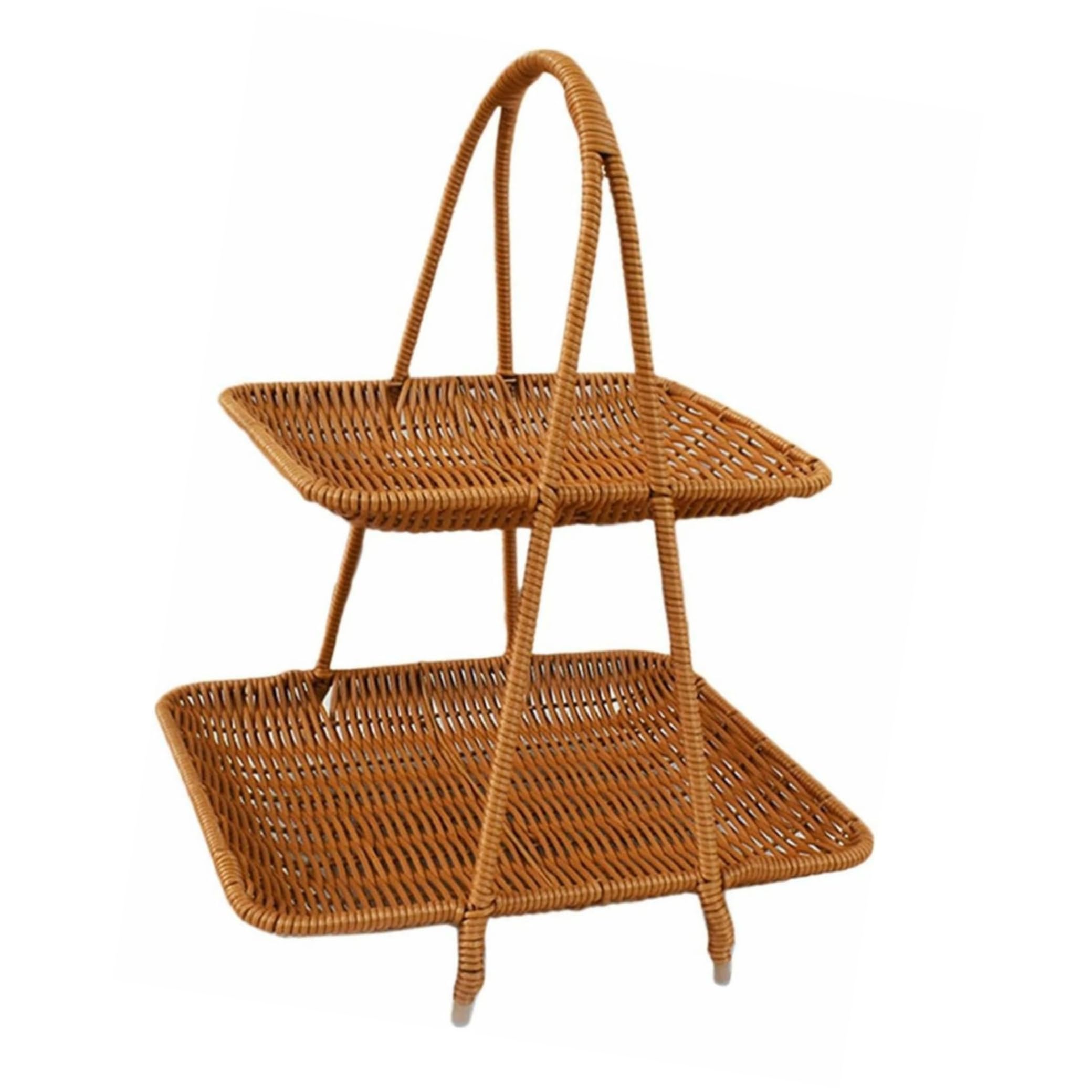 Shoppers Hub PNQ 2 Layers Walnut Brown Polyrattan Basket with Handle & Metal Wire | Tabletop Kitchen Serveware & Organizer Stand | Multipurpose Food & Utility Display (No 21 Rectangle: 31x21x39cm)-image-3