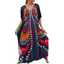 Chunoy Women Casual V Neck Kaftan Dress Kimono Sleeve Bathing Suit Beach Cover Up Caftan Side Split Dresses