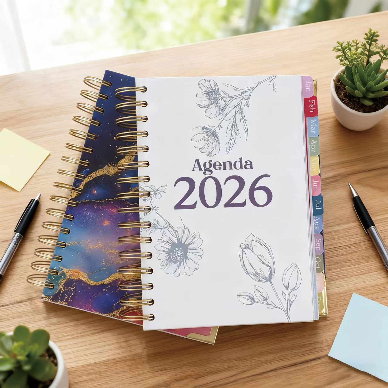 Agenda giornaliera settimanale e mensile 2026 (da gennaio a dicembre), copertina rigida, con adesivi, linguette, rilegatura a spirale, tasca interna, 16 x 21,6 cm, formato A5, perfetto per
