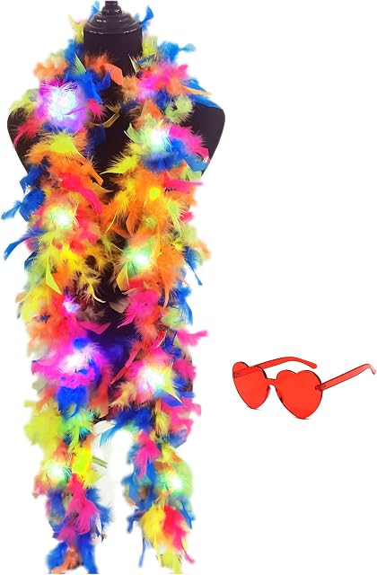 Colorful Feather Boas, 6.6ft Boa with 20 Color LED Lights for Women for Dancing Wedding Party Halloween,with Heart Sunglasses (Color)