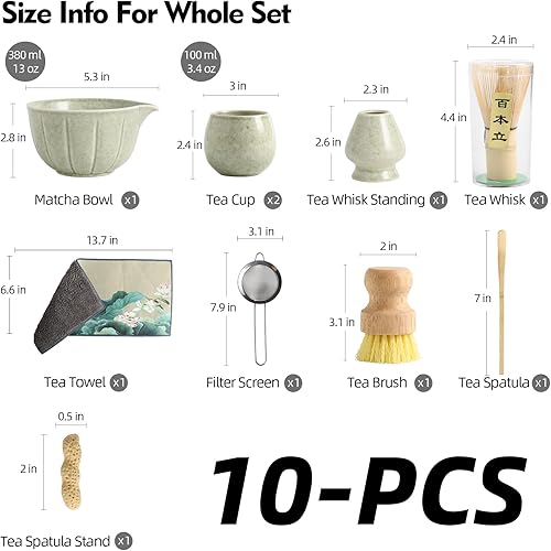 Miniatura 3 de Juego de 10 batidores matcha, 13 onzas, con 2 tazas, juego completo de matcha para ceremonia de té matcha, elegante juego de té Matcha para los
