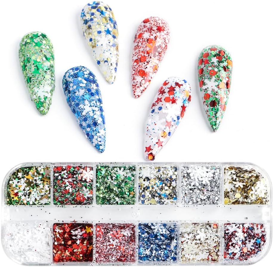 Christmas Nail Art Glitter Sequins Colorful Holographic Snowflakes Xmas Tree Santa Claus Tree Confetti Hexagon Flake Red Green New Year Manicure Accessories for Christmas Nail Face Body Décor