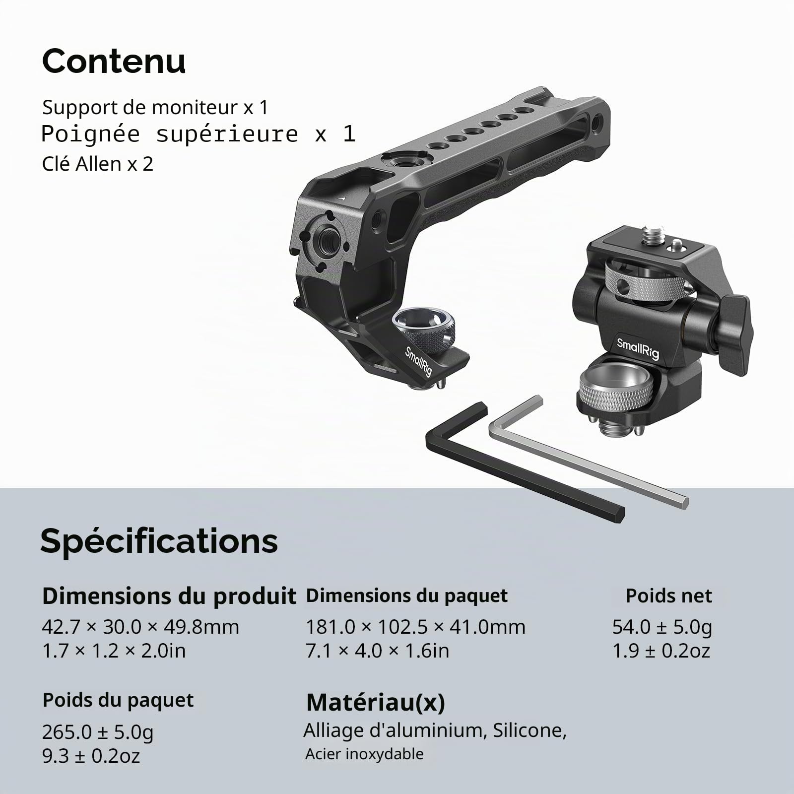 SMALLRIG Poignée Supérieure avec Kit de Montage pour Moniteur, avec Trous de Positionnement 3/8"-16 pour ARRI, Trou fileté 1/4"-20, pivot à 360° et inclinaison réglable à 180° - 5323