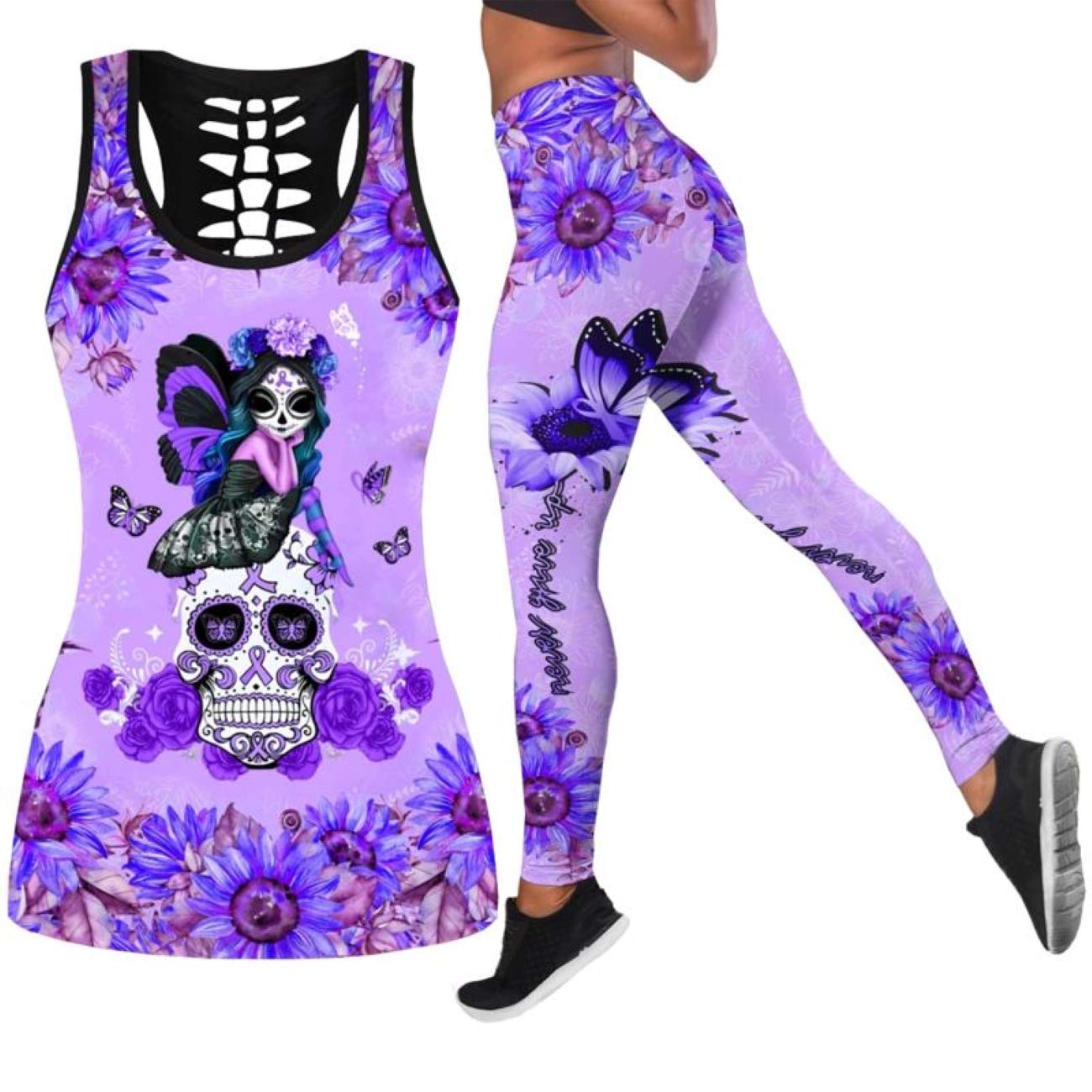 DRZHEAM Women’s Sugar Skull Yoga Outfits for Women 2 Piece Sets, Spring Tank Tops Leggings Workout Activewear for Girls