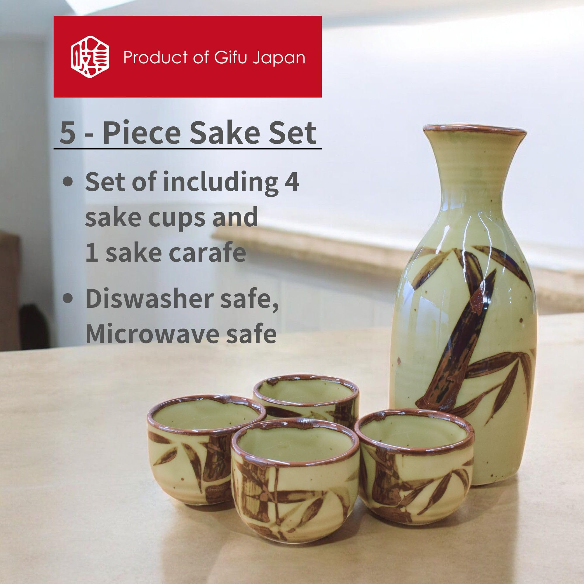 Mino Ware Traditional Japanese Sake Set, Tokkuri Bottle and 4 Ochoko Cups, Green Mashikodake