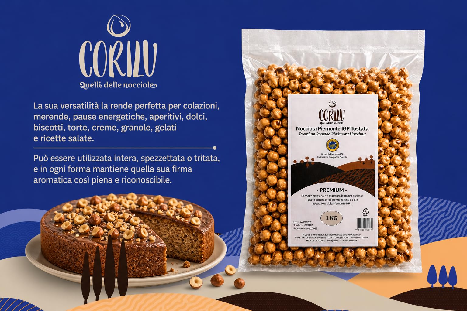 Corilu Nocciole Tostate Intere Piemonte IGP - Frutta Secca Snack Fonte di Fibre, Vitamine ed Antiossidanti - PREMIUM Nocciole Piemonte Igp Sgusciate Sacchetto Sottovuoto 1 kg