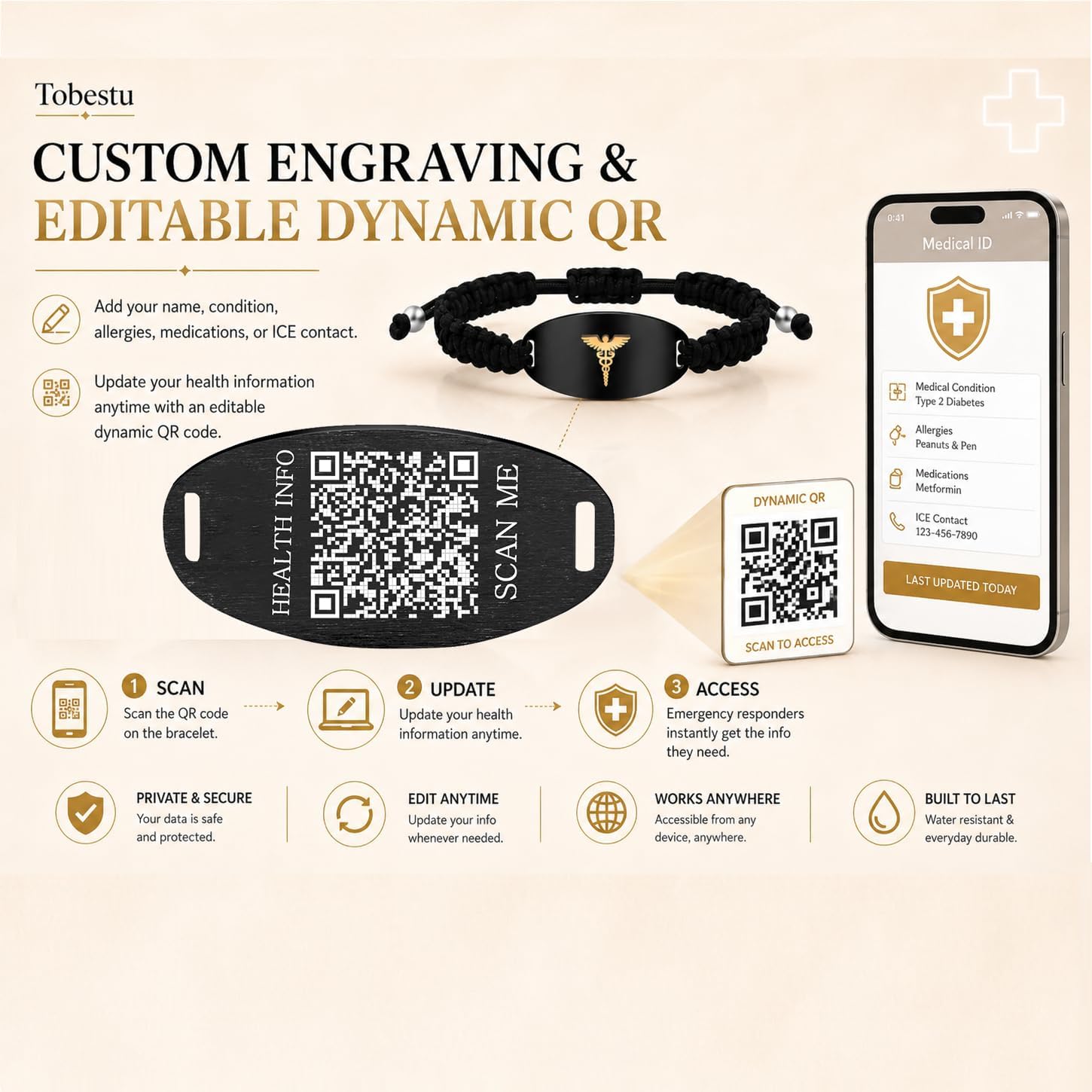 Custom Medical ID Bracelet Adjustable Braided String | Emergency Alert Wristband for Men & Women | Personalized Engraved Dynamic QR Code & Disease Info | Travel Seniors Health Safety Jewelry