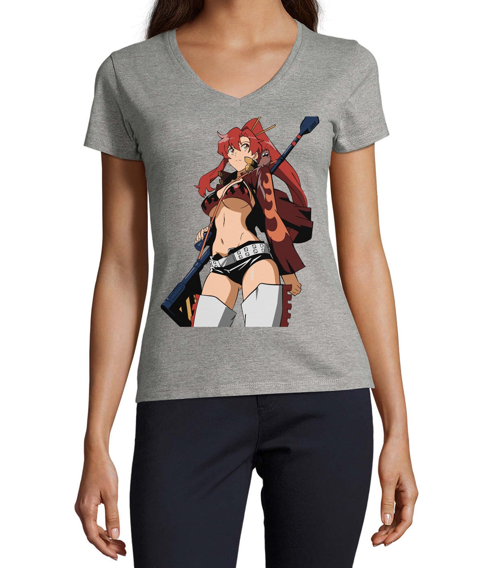 T-shirt Anime 193 col v femme gris mode décontractée été - 2