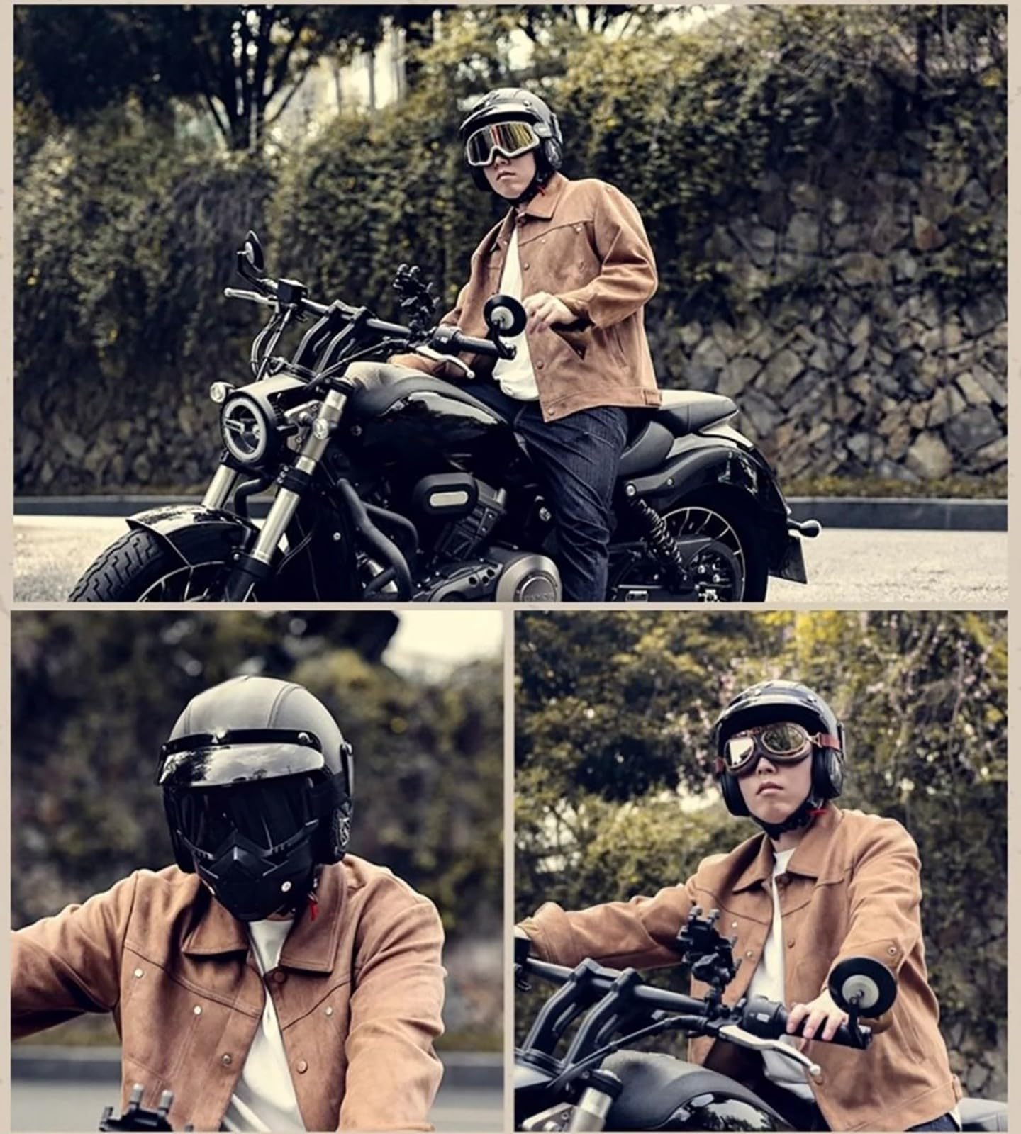 Niemiecki styl vintage kask motocyklowy otwarta twarz kask motocyklowy retro skórzany kask z okularami pół twarzy kask 3/4 dla dorosłych mężczyzn i kobiet D, XXL(62-63 cm)