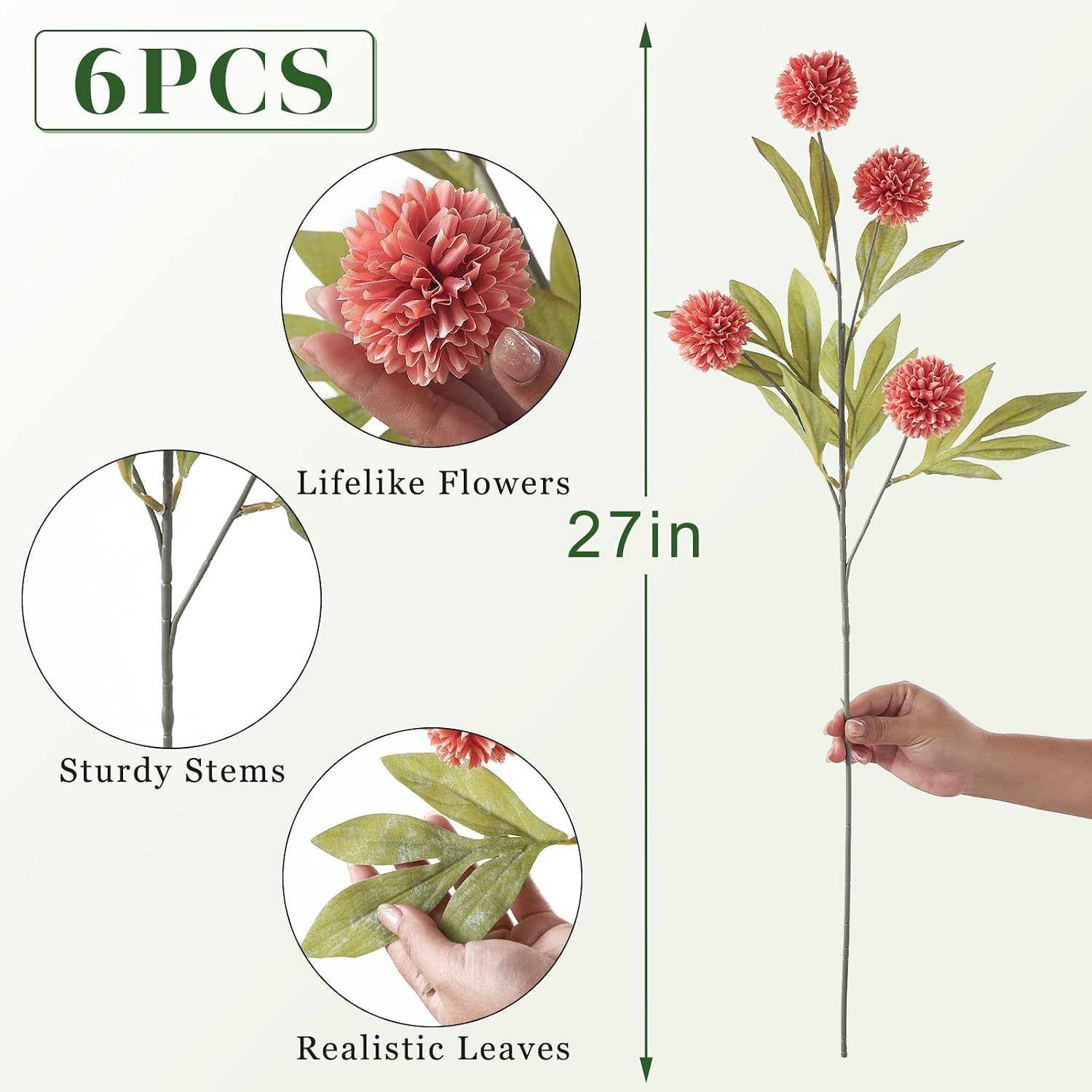 6 Pcs 27"Artificial Pompon Mum Silk Flower Stems for Vase (Dusty Pink) image 5