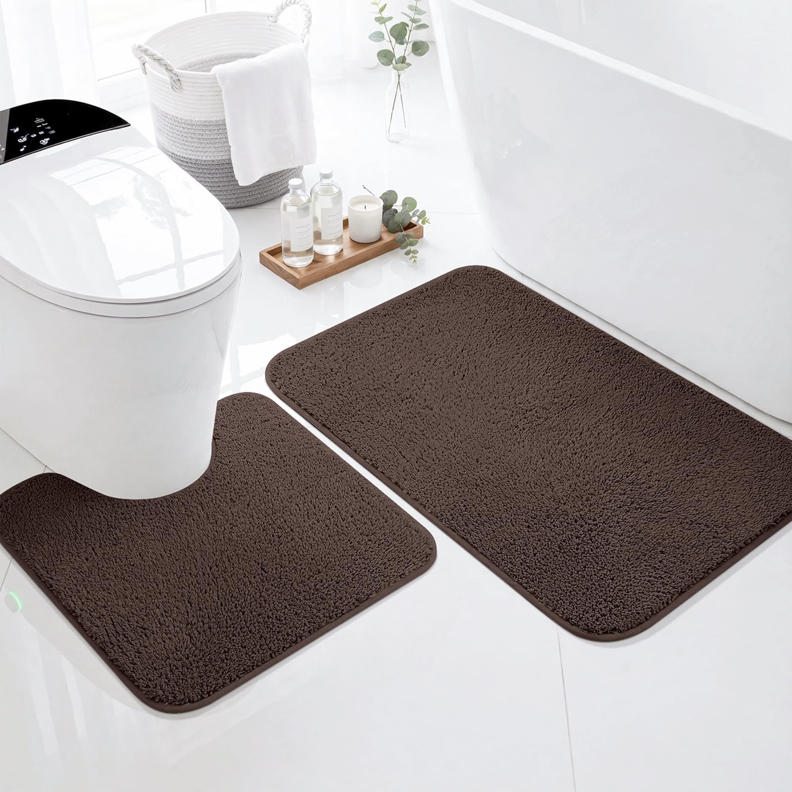 LUSCHEER 2 Piece Bath Mat Set, Shaggy Microfiber Bathroom Mats, Brown