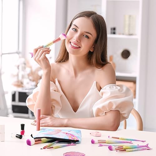 Miniatura 6 de Juego de brochas de maquillaje de sirena, 12 brochas de maquillaje para niños, kit de brochas de maquillaje con bolsa de cosméticos espejo para