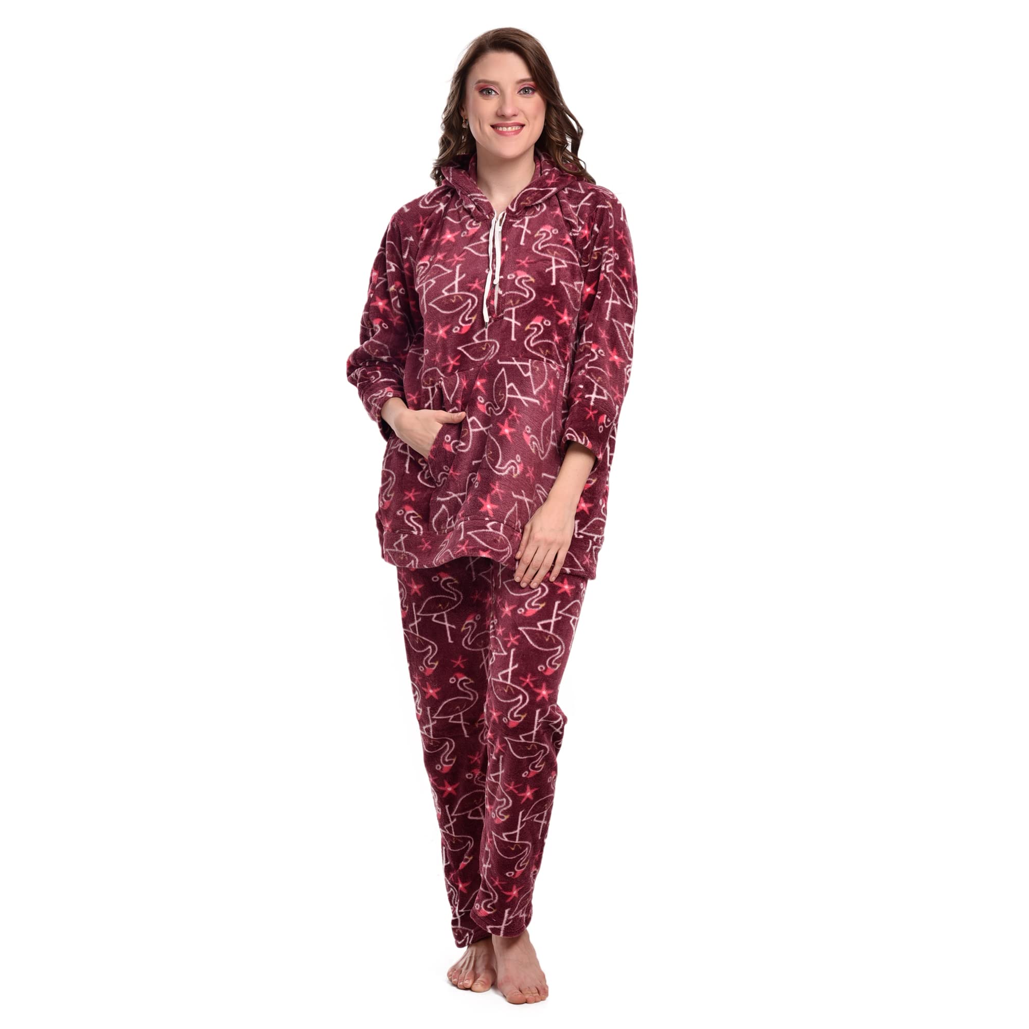 cierge Women's Woolen Animal Printed Hoodie Nightsuit-picture-37