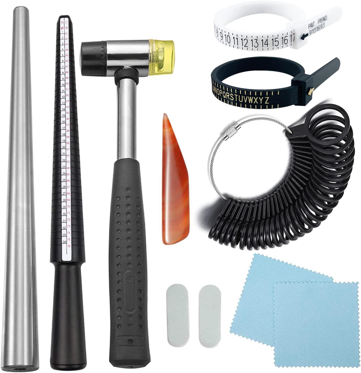 Inmarces Ring Sizer Measuring Tool 11 Pcs Ring Making Kit, Ring Mandrel, 27pcs Circle Models, Rubber Jewelers Hammer and Polishing Tools Mandrels for Jewelry Making