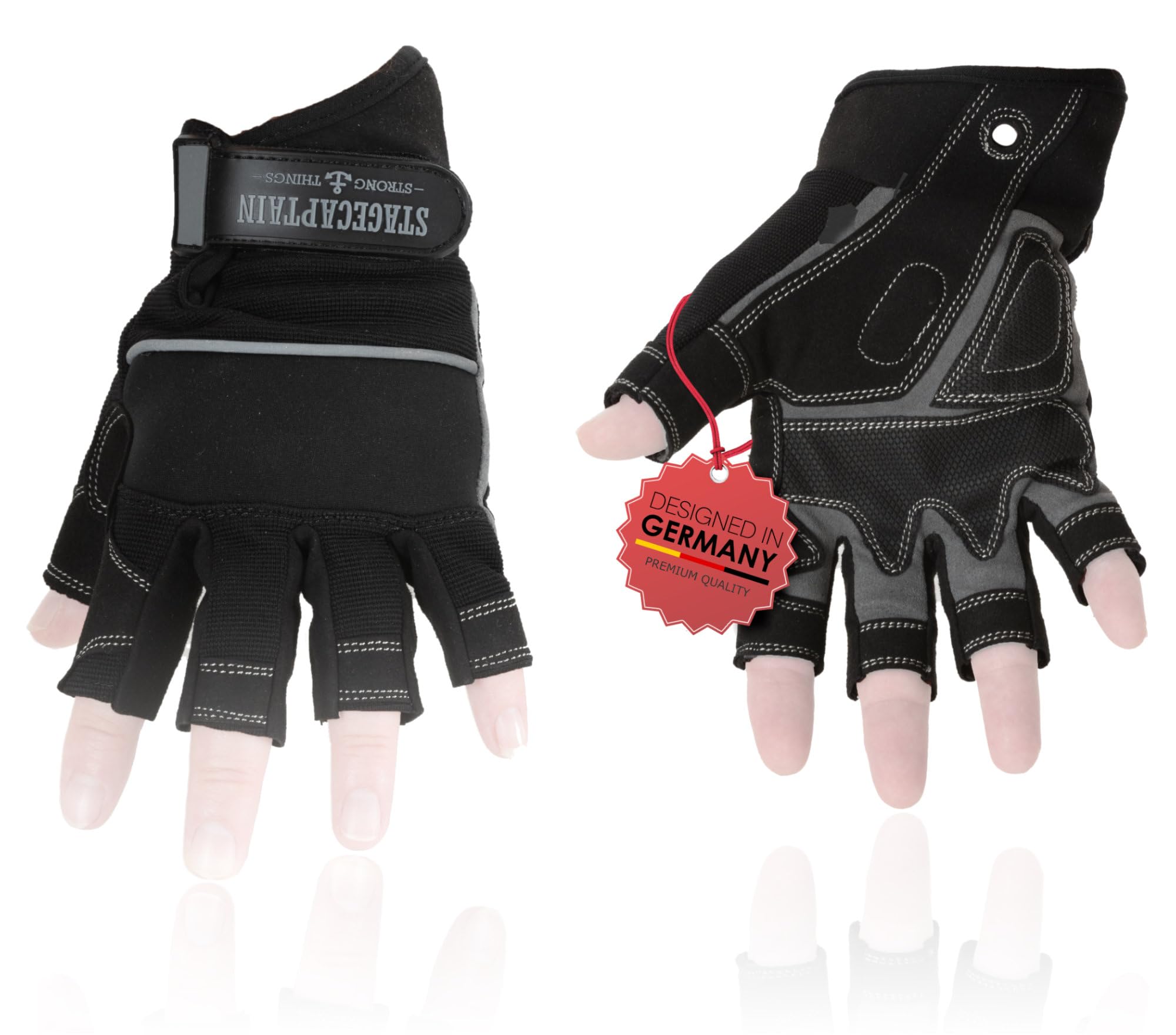 Stagecaptain RGL-0F Guantes Rigger Talla L Set de 5, Guantes de trabajo | Con dedos cortos, De cuero sintético suave, Palma reforzada antideslizante, Dorso con poliéster elástico y transpirable