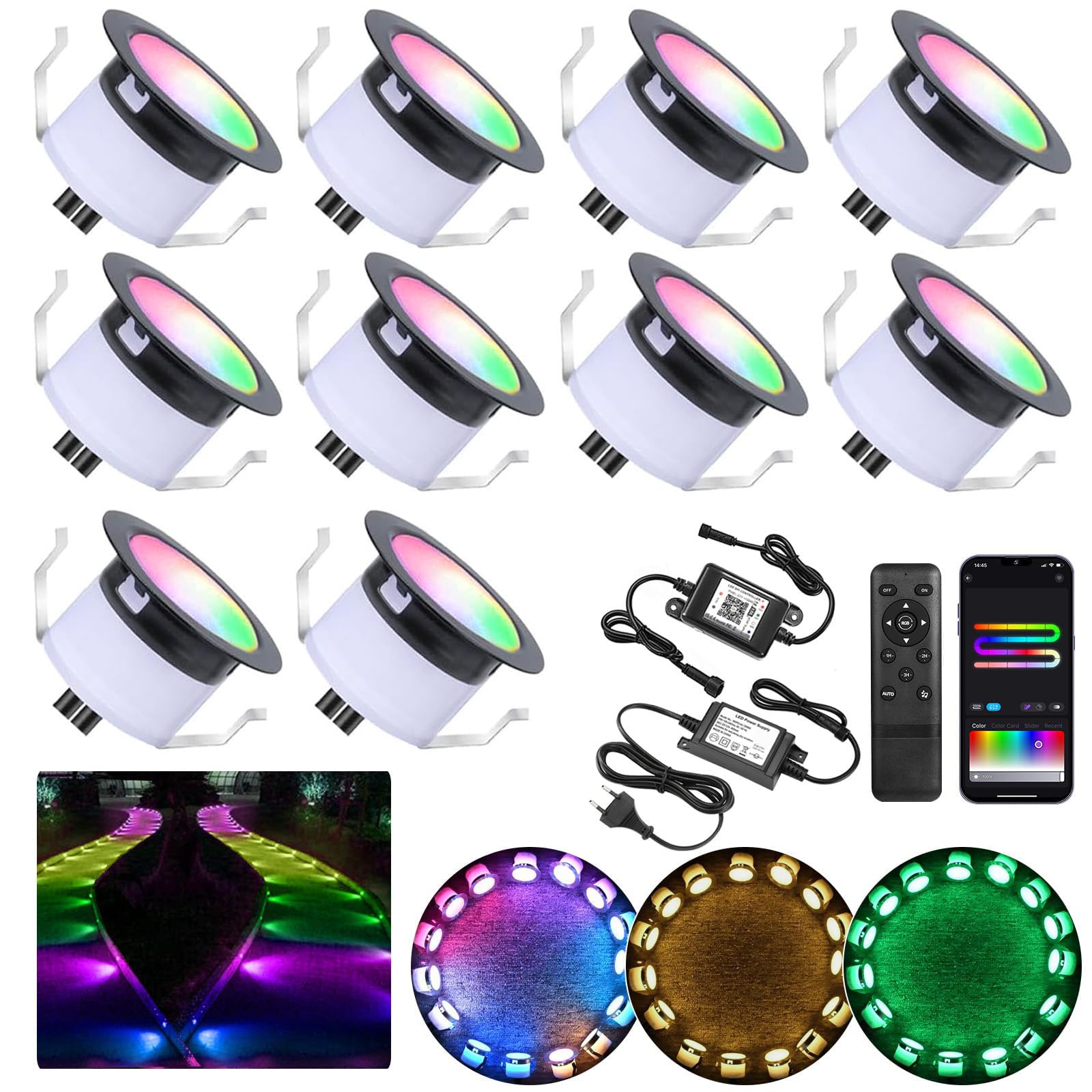 Faretto da incasso per terrazze WiFi, LED RGBW+IC, Ø 31 mm, 12 V, mini faretto a LED, IP67, impermeabile, controllabile tramite app, compatibile con Alexa Google Home (10 pezzi)