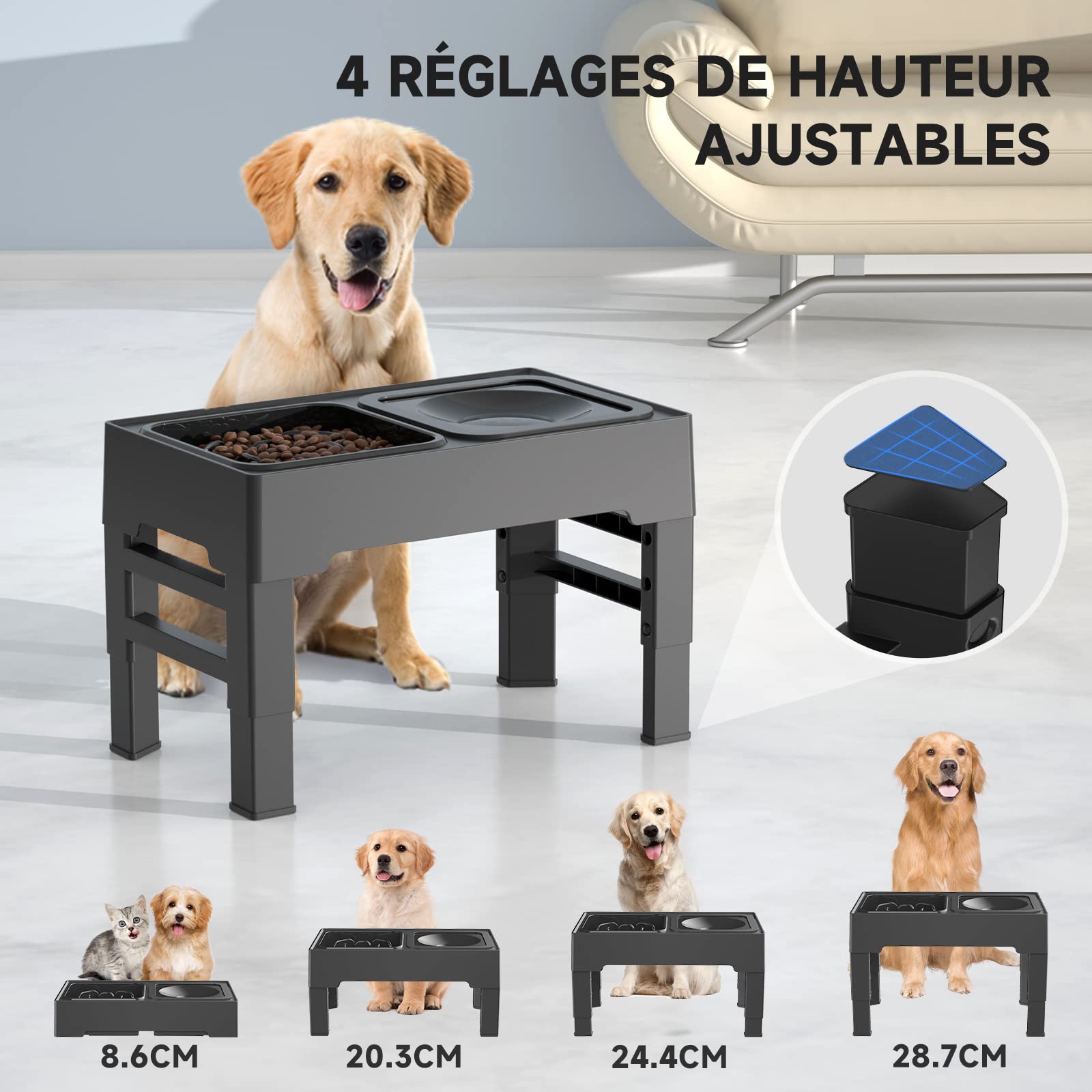 ELS PET Gamelle Chien Surelevee, 2 en 1 Anti Eclaboussure Gamelle de Nourriture et Anti-Glouton Gamelles Eau Chien, 4 Hauteurs RéGlables pour Petits Chien Chat de Compagnie, Moyens et Grands