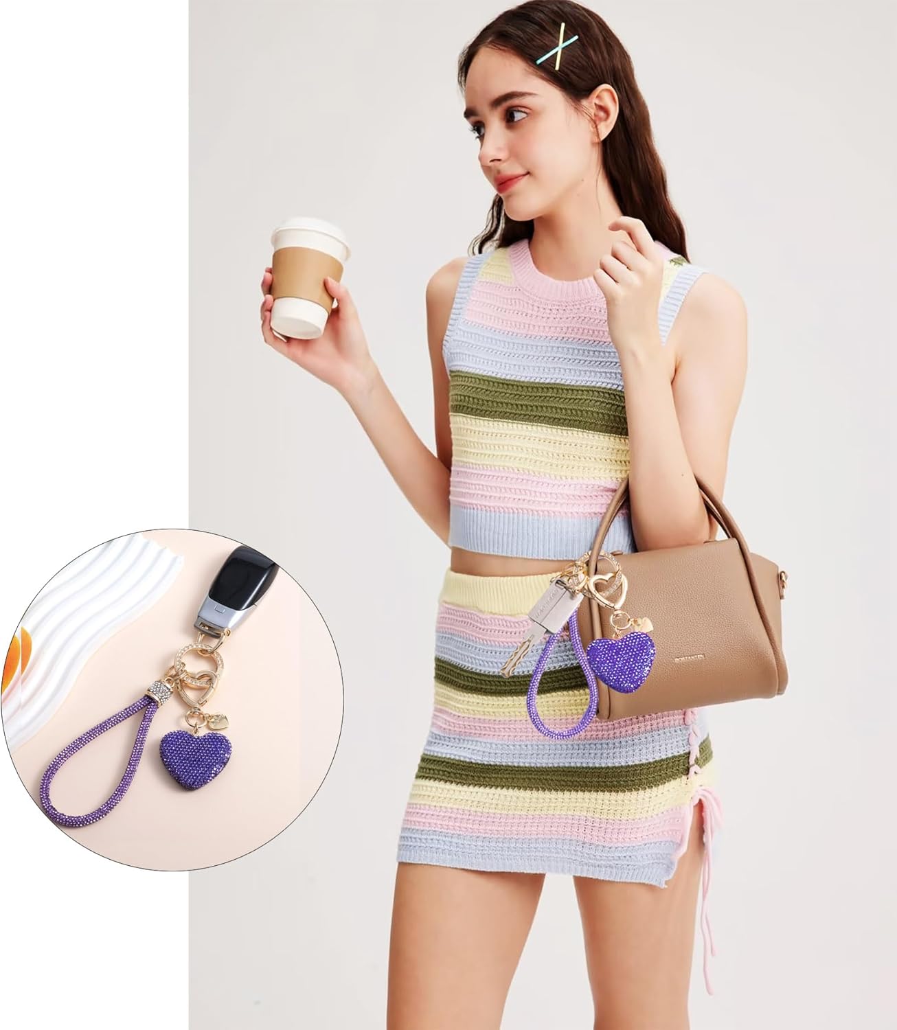 Cute Heart Keychains for Women, Bling Key chain Accessories Girly Wristlet Keychain for Car Keys, Backpack pom pom - Image 3