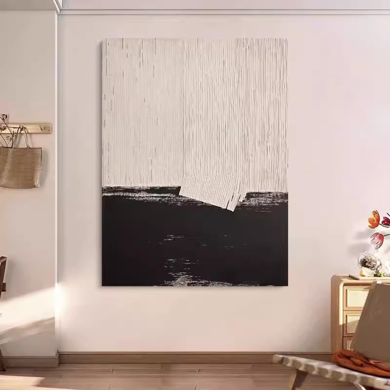 Art mural sur toile abstrait minimaliste 3D noir et blanc fait main