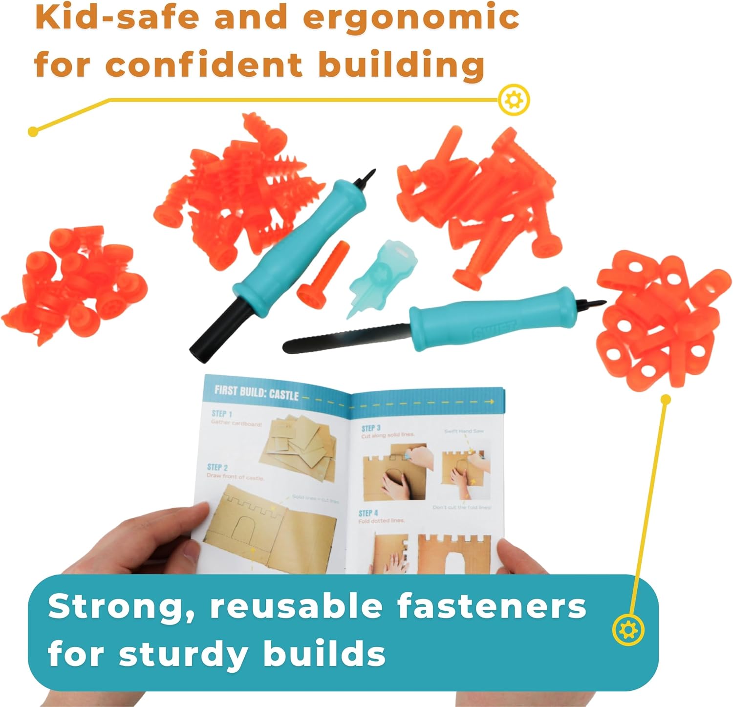 Swift Tool Kit | Creative Cardboard Construction | Kids Age 5+ | 50+ screws, connectors, and tools for kid-safe projects, Creative Building and STEM Learning at Home and School