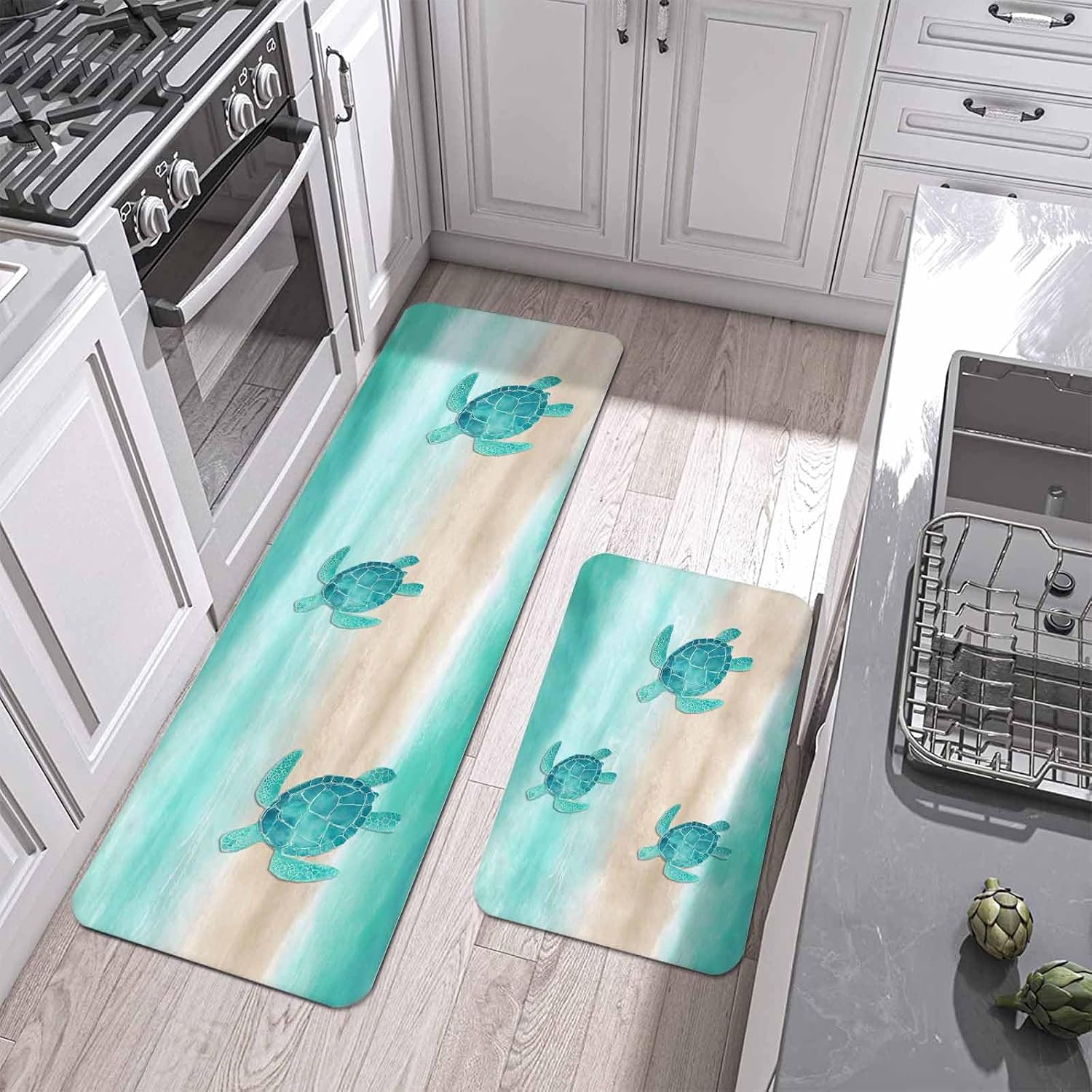 Summer Sea Turtle Kitchen Mats Set of 2 Teal Ocean Animal Gradient Sea Wave Sand Non Slip Mat Washable Floor Rug for Kitchen Sink Floor Laundry, 19.7"x31.5"+19.7"x47.2"