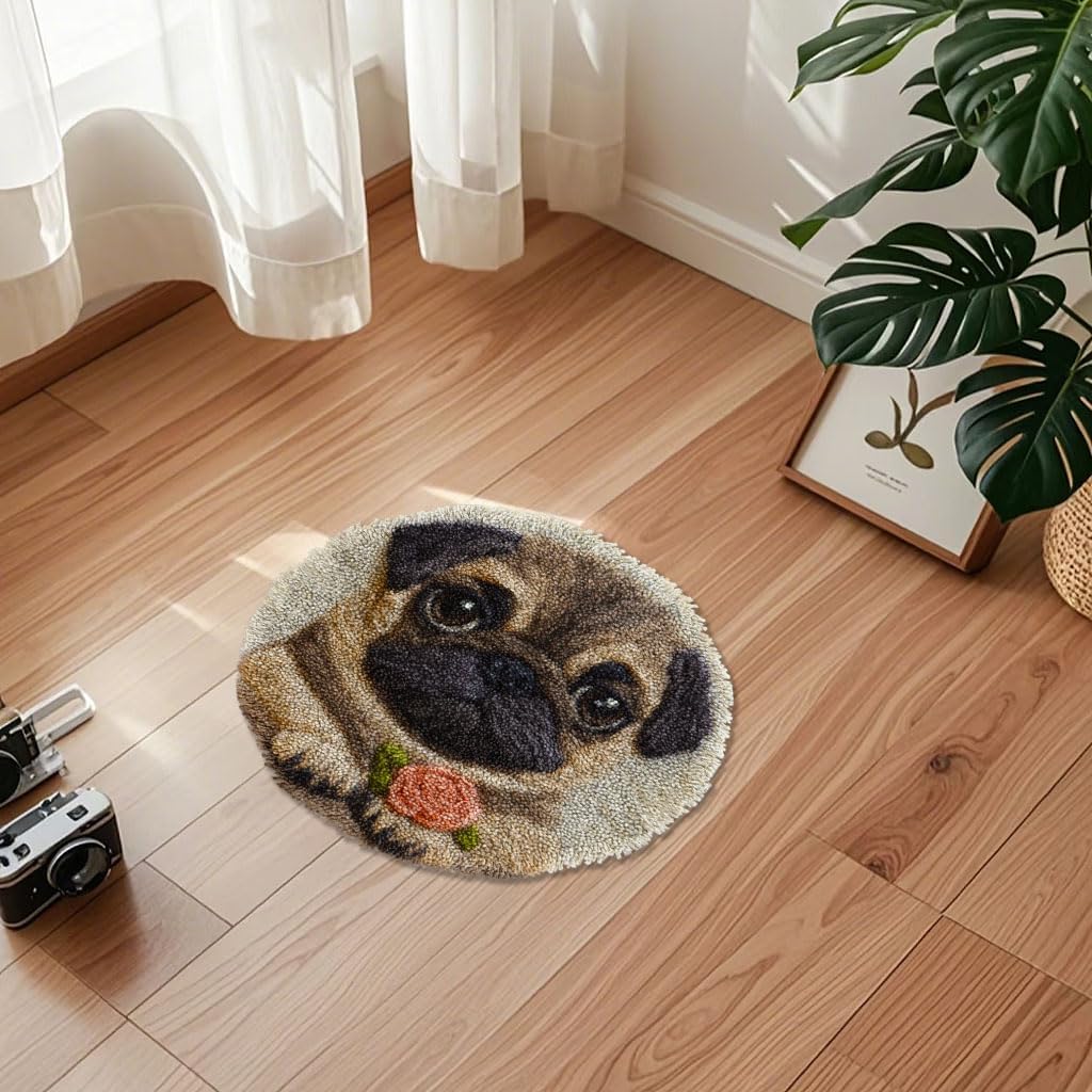 DIY Latch Hook Rug Kit Puppy Pug Dog and Rose Crochet Yarn Craft Hook and Latch Carpet Easy for Beginners Handmade Mat for Home Decoration 20x20inch-15