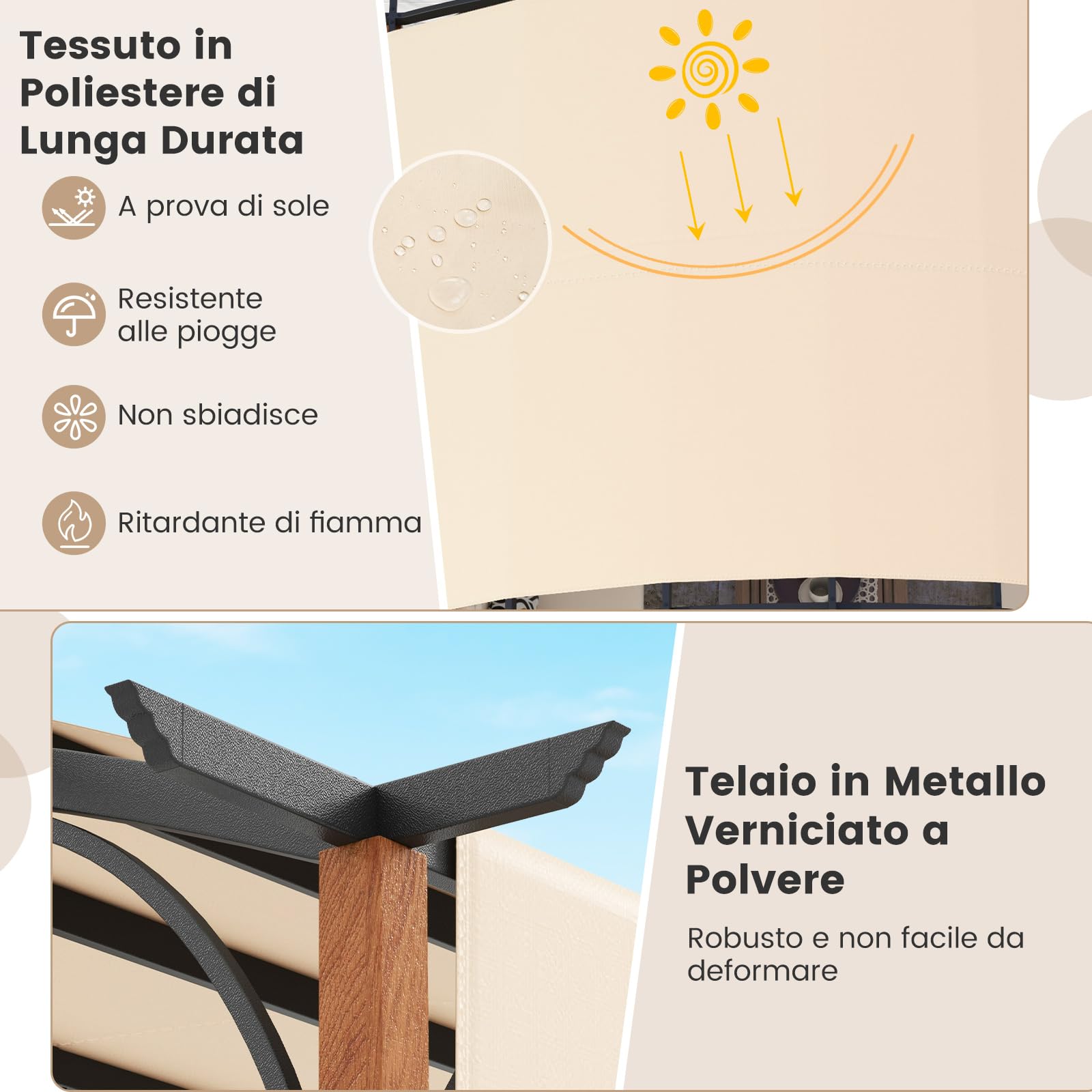 COSTWAY Gazebo Pergola da Giardino 3 x 3,6 m, Pergola da Esterno con Telaio Curvo e Tettuccio Retrattile, con Struttura in Metallo, per Giardino, Patio e Portico (Beige)