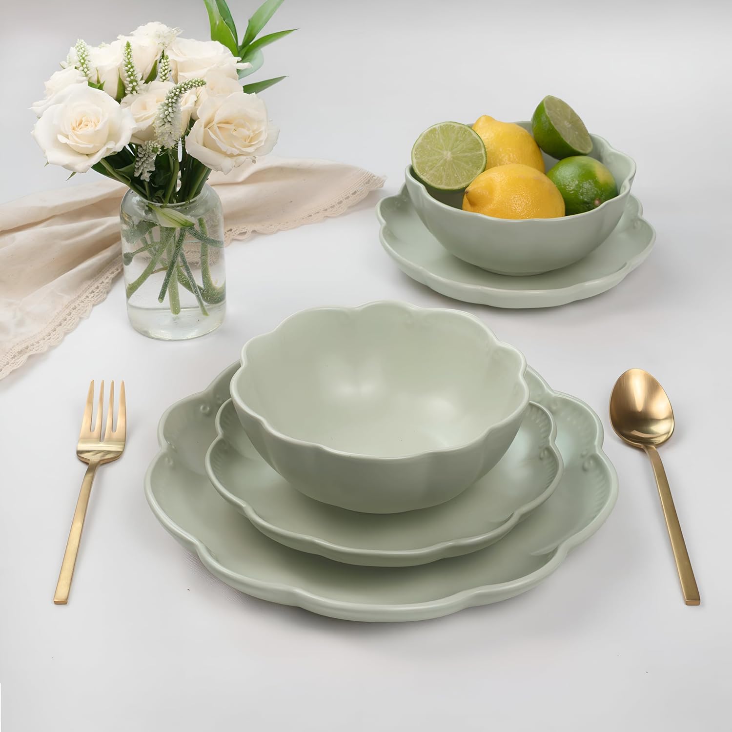Sango 12 Pieces Scalloped Dinnerware Set, Sage Green Dishes for 4, Premium Serving Plates & Bowls Sets, Chip Resistant, Ceramic Dishware, Kitchen Dish, Microwave & Dishwasher Safe, Bethany