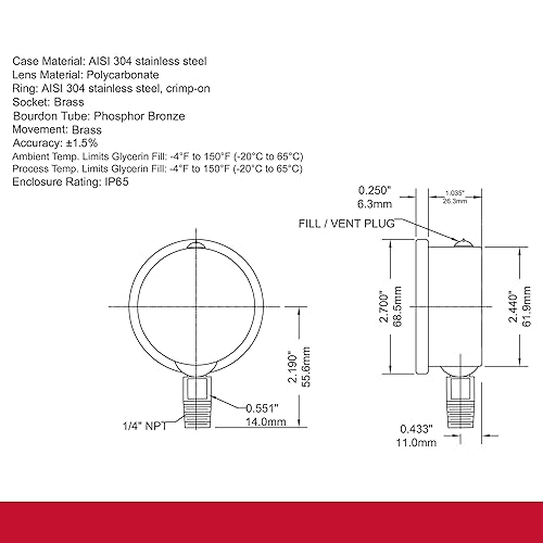 Miniatura 9 de Winters 2-12 "Tamaño del dial, Medidor de presión industrial lleno de líquido, internos de latón, caja de acero inoxidable 304, escala única 0-160