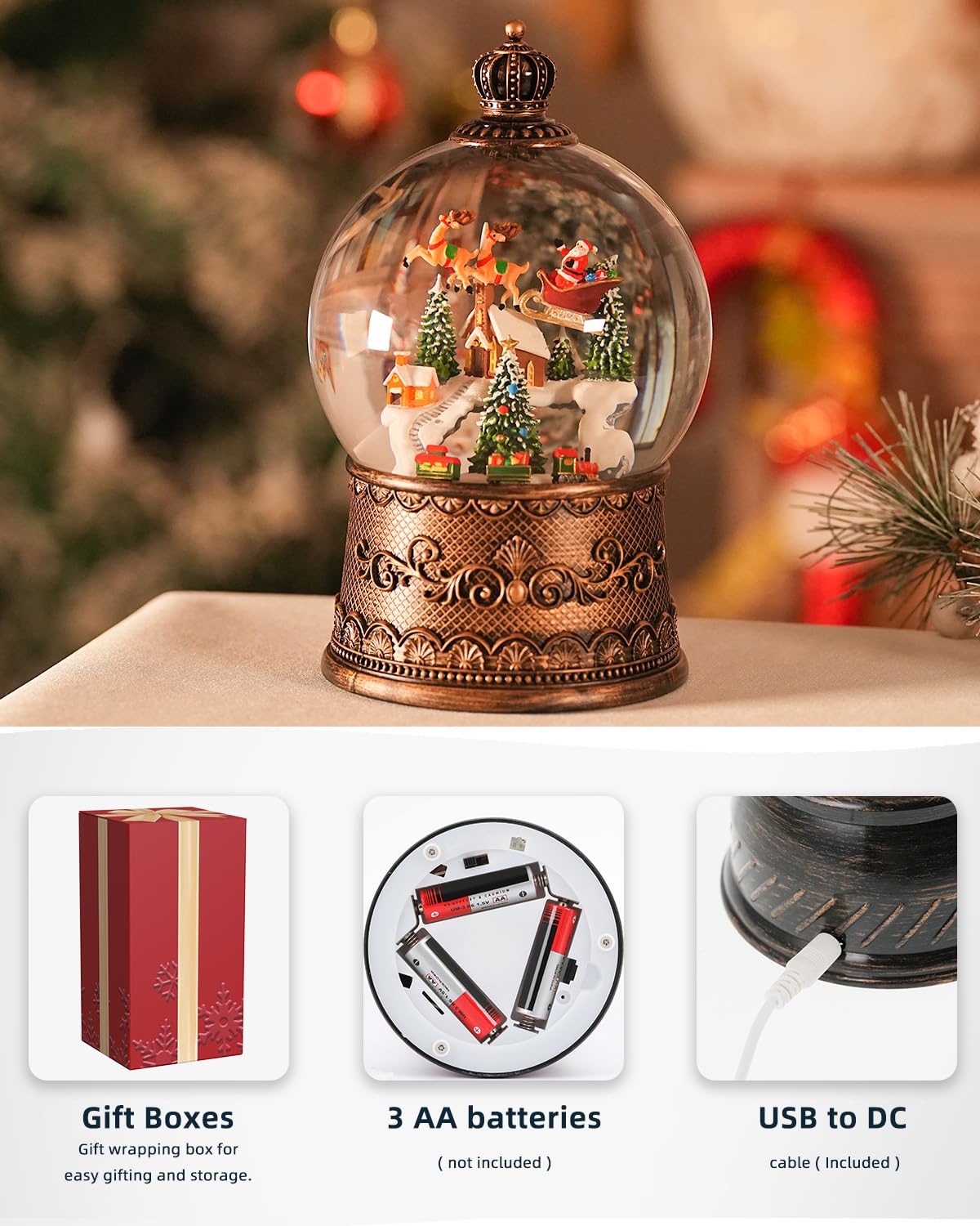 Boule à neige de Noël avec élan, boules à neige lumineuses avec minuterie, lanterne musicale scintillante pour décoration (élan du train de neige)