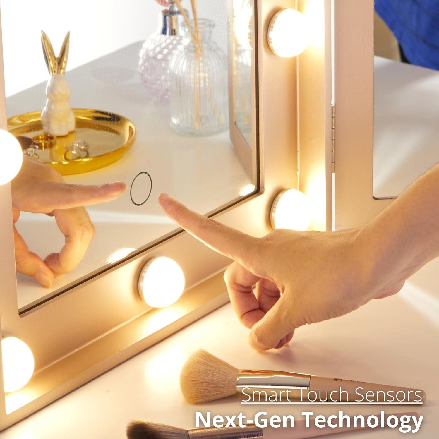 LUXFURNI Vanity Lighted Tri-fold Makeup Mirror with 10 Dimmable LED Bulbs, Touch Control Lights Tabletop Hollywood Cosmetic Mirror (Rose Gold)