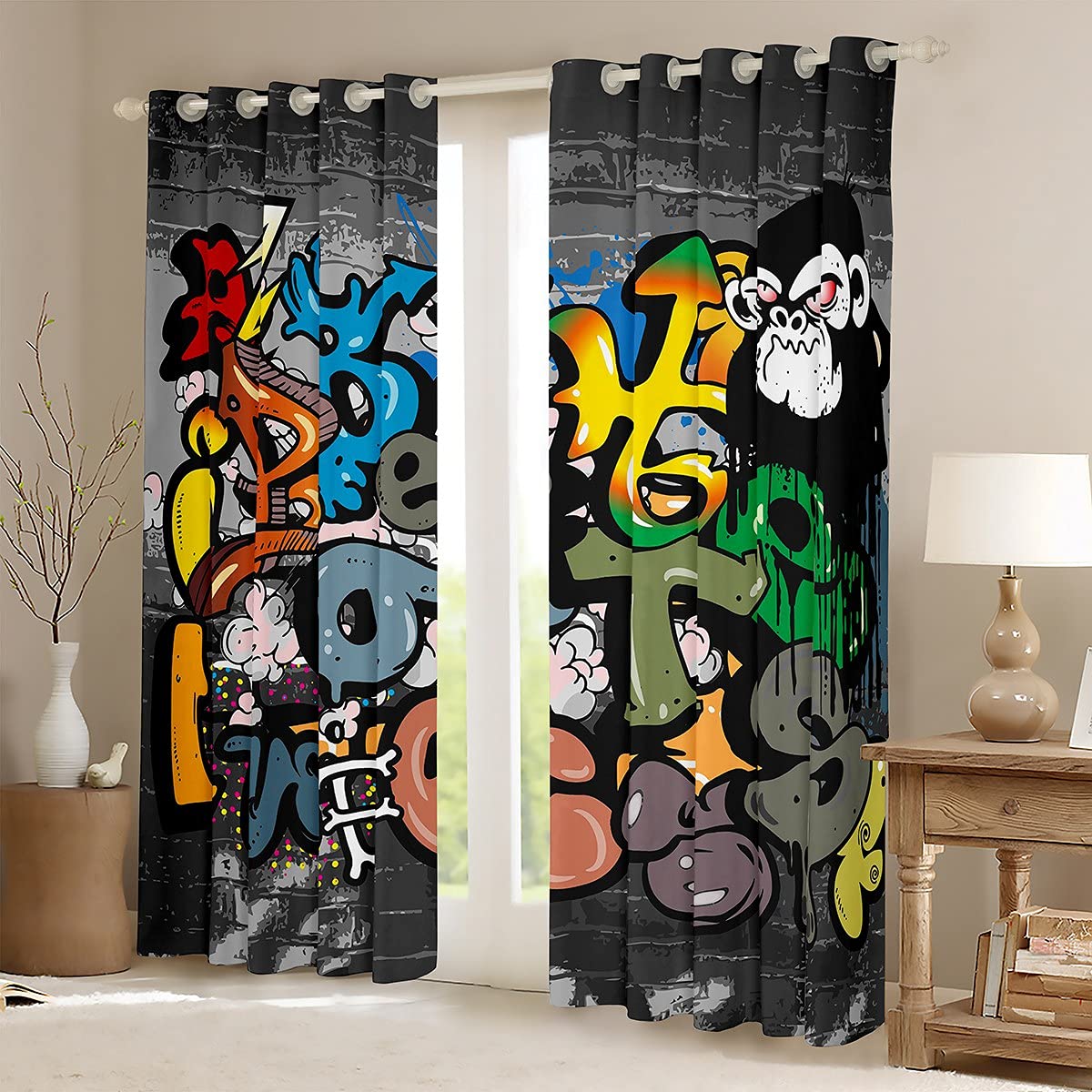 Hip Hop Curtains for Bedroom Living Room Colorful Graffiti Printed Curtains for Kids Boys Teens Cartoon Alphabet Printed Windows Drapes Street Hipster Curtains,W66*L72 - Image 2