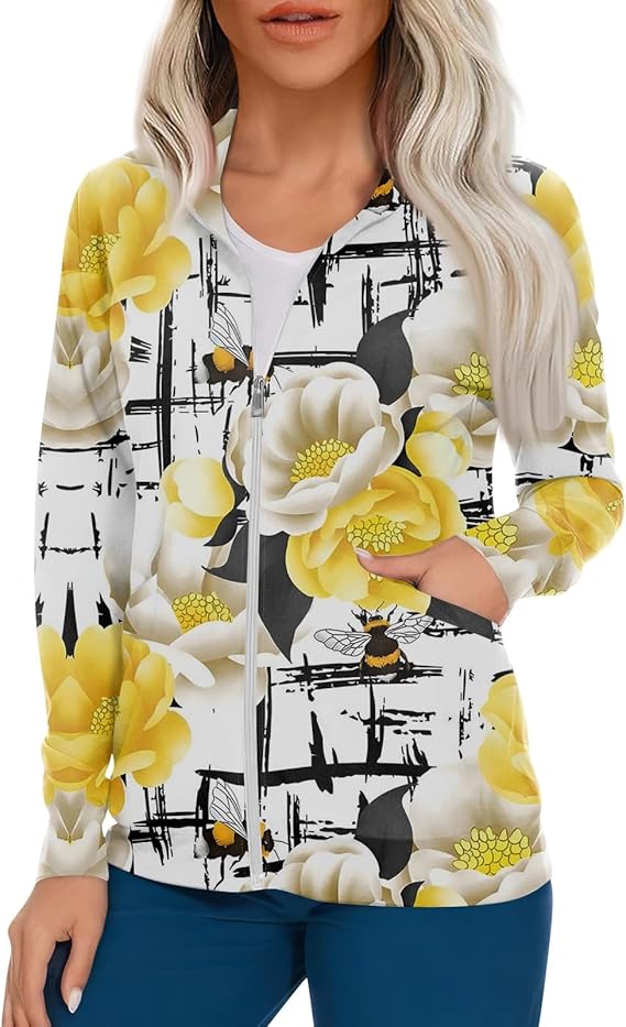 Scrub Jackets for Woman Zip Up Long Sleeve Tops Print Plus Size Womens Scrubs for Women Nursing Shirts with Pockets