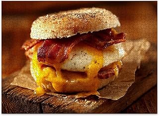 Jigsaw Puzzles 500 Pieces for Adult Bagel Bacon Sausage Egg Breakfast Sandwich Puzzle Game for Family Wooden Puzzle Toy Educational Games Puzzles for Home Decor