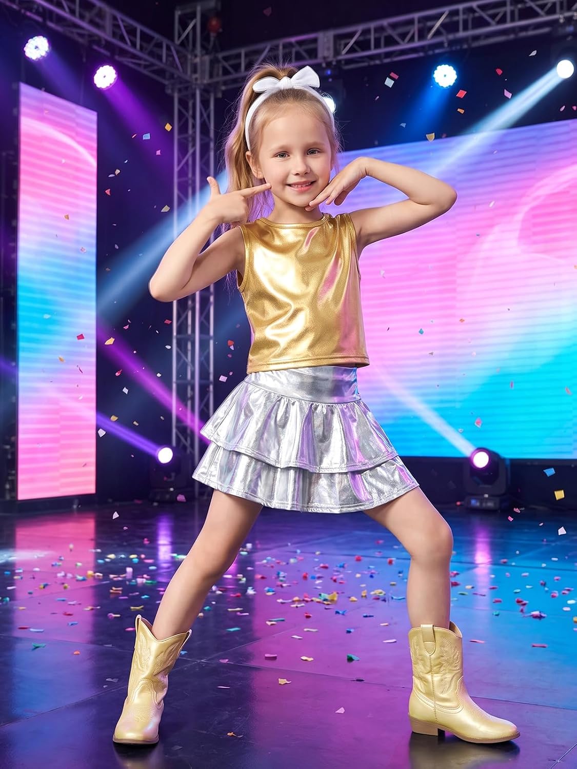 Miipat Girls Metallic Tank Top Sleeveless Crop Shiny Party Dance Top
