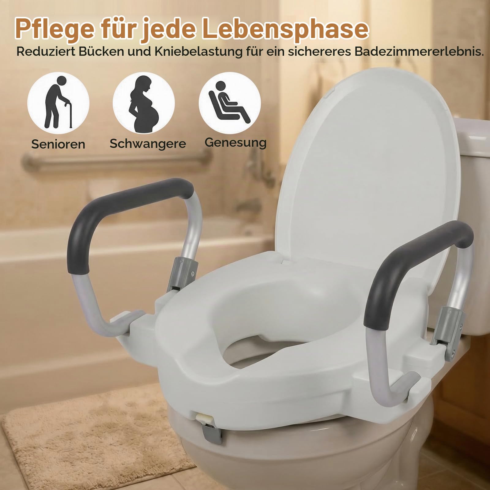 Toilettensitzerhöhung für Erwachsene mit Armlehnen und Deckel, Erhöhter Toilettensitz für Erwachsene, Erhöhter Toilettensitz mit Deckel, Toillettenaufsatz für Senioren, Breite Einstellbar (10cm hoch)
