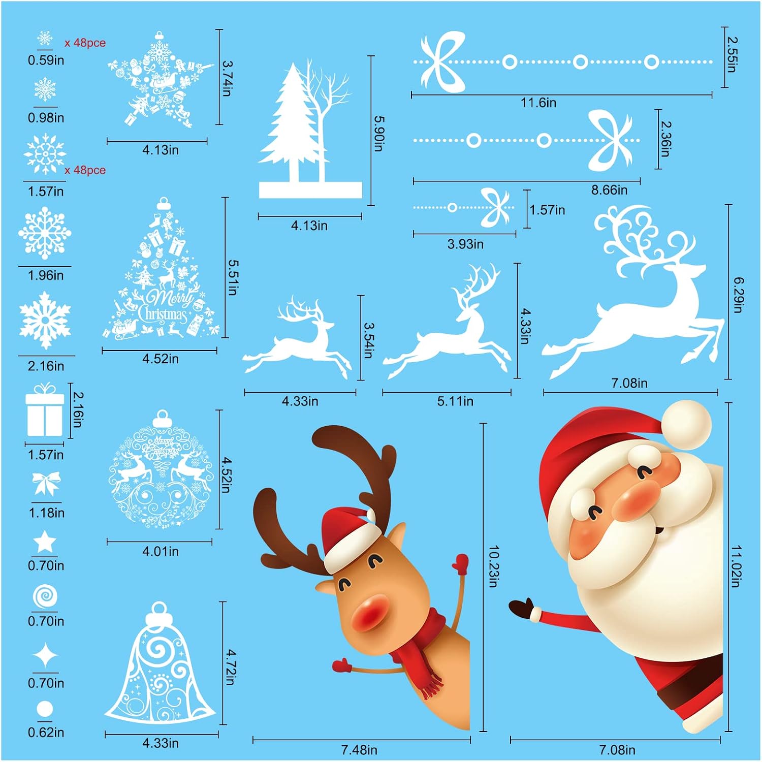 197 Pcs Christmas Decorations 9 Sheet Christmas Window Clings , Double Sides Reindeer Santa Claus Snowflake Window Stickers Reusable Xmas Decorations Decals for Mall School Office Home
