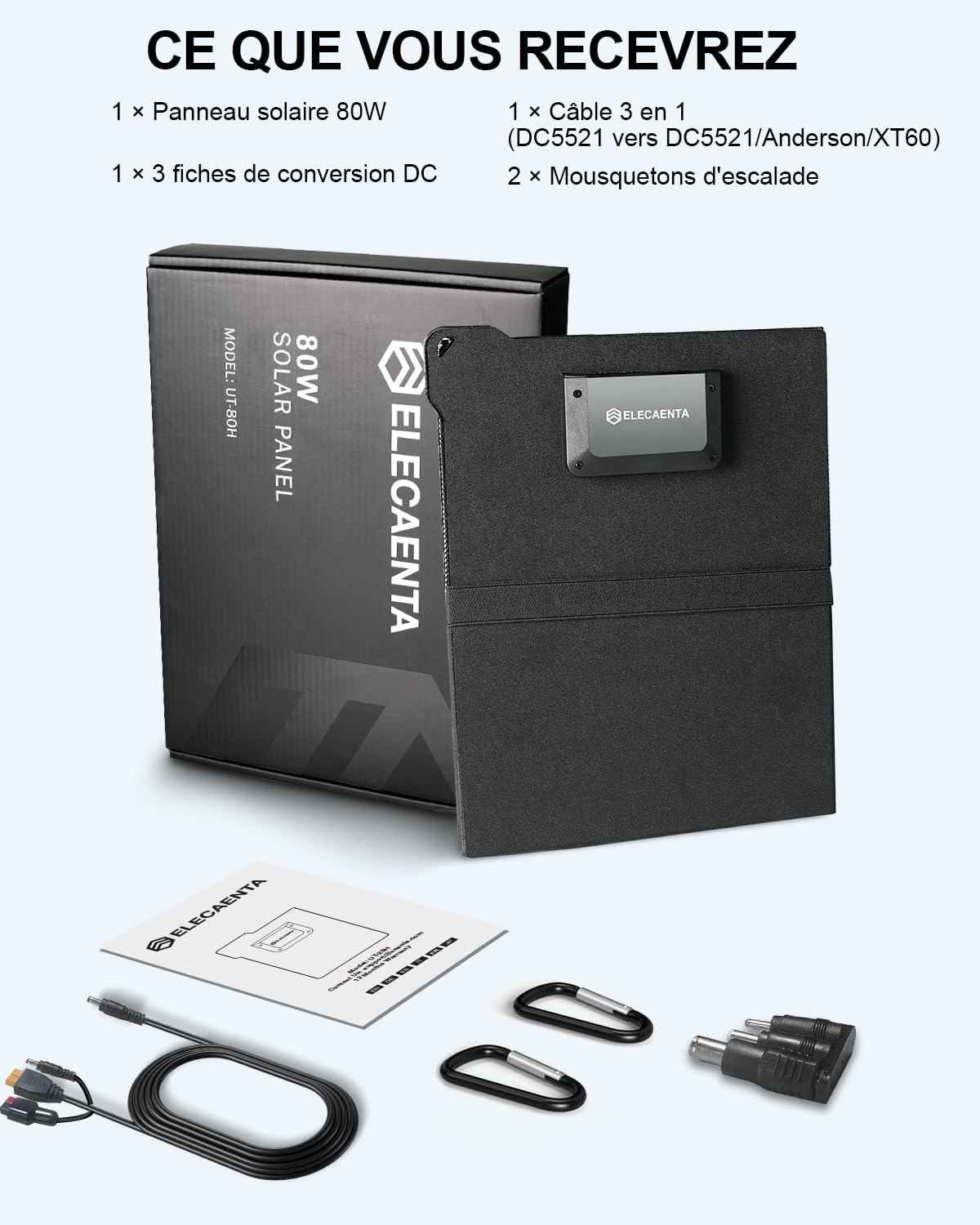 Panneau Solaire Pliable 80W HPBC, USB-C PD60W USB-A QC3.0 DC 1.2kg Voyage | HPBC 25.4% Efficacité, 3 sorties: USB-C PD60W, USB-A QC3.0 24W, DC 22.5V/3.56A, Portable 1.2kg ETFE IP68, Camping Randonnée
