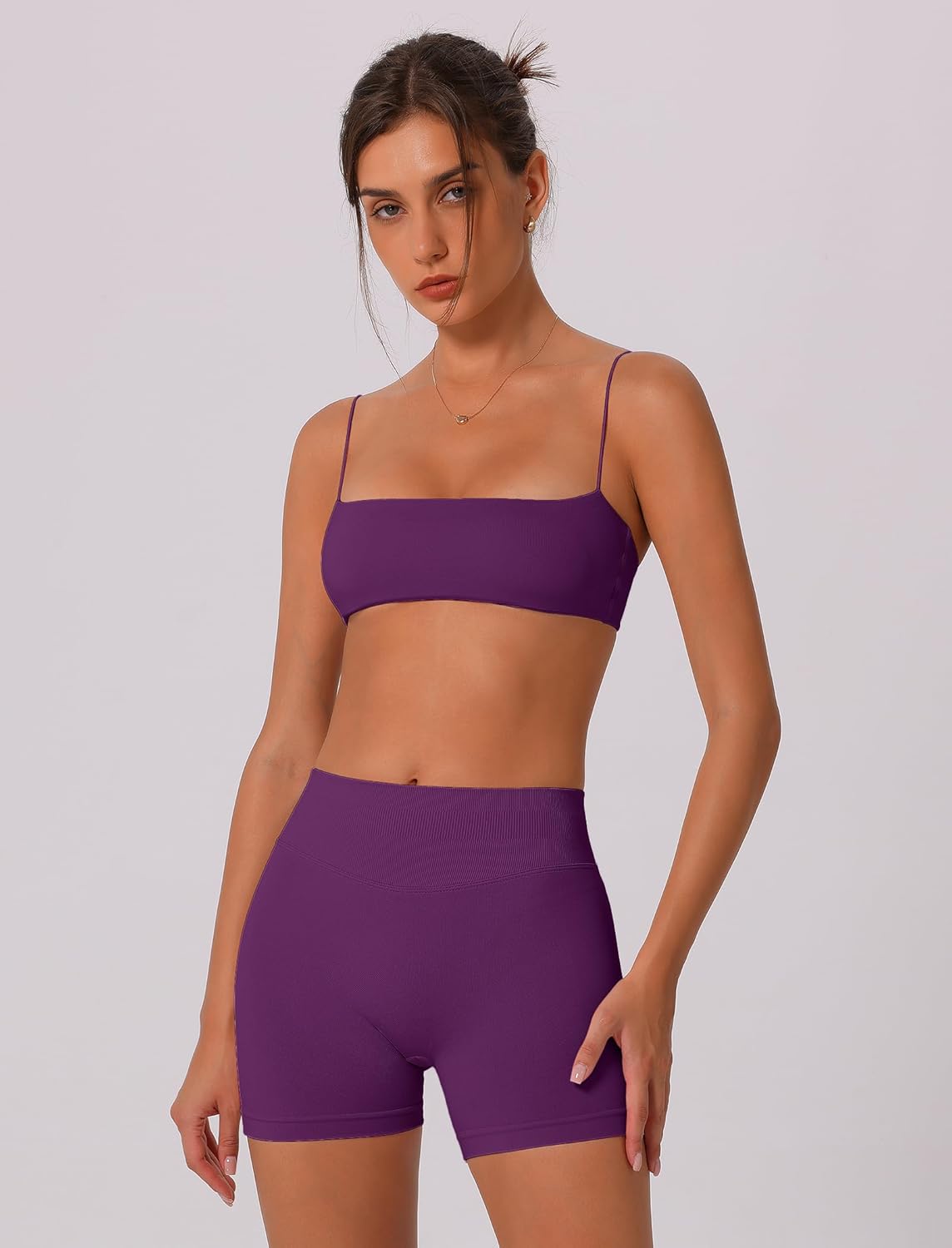 ABOCIW Workout Sets for Women Seamless Bandeau Strappy Sports Bra Scrunch Butt High Waist Biker Shorts Gym Set 2 Piece