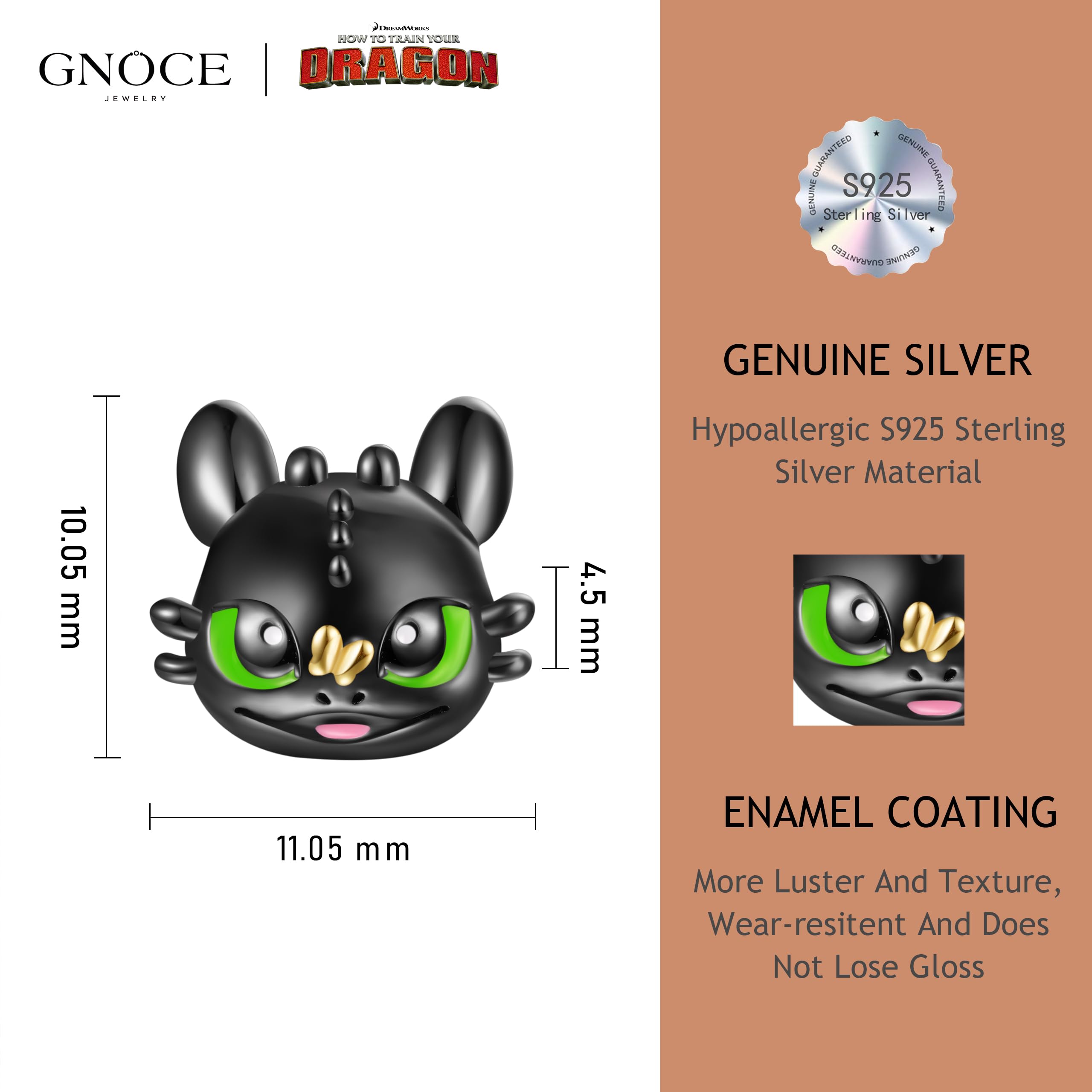 GNOCE How to Train Your Dragon Toothless Schwarz Drachen Charm Anhänger S925 Sterling Silber Charm Perlen für Armband Halskette Schmuck Geschenk für Damen Herren