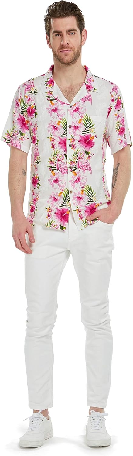 Matchable Family Hawaiian Luau Men Women Girl Boy Clothes in Pink Hibiscus Vine White - Image 4