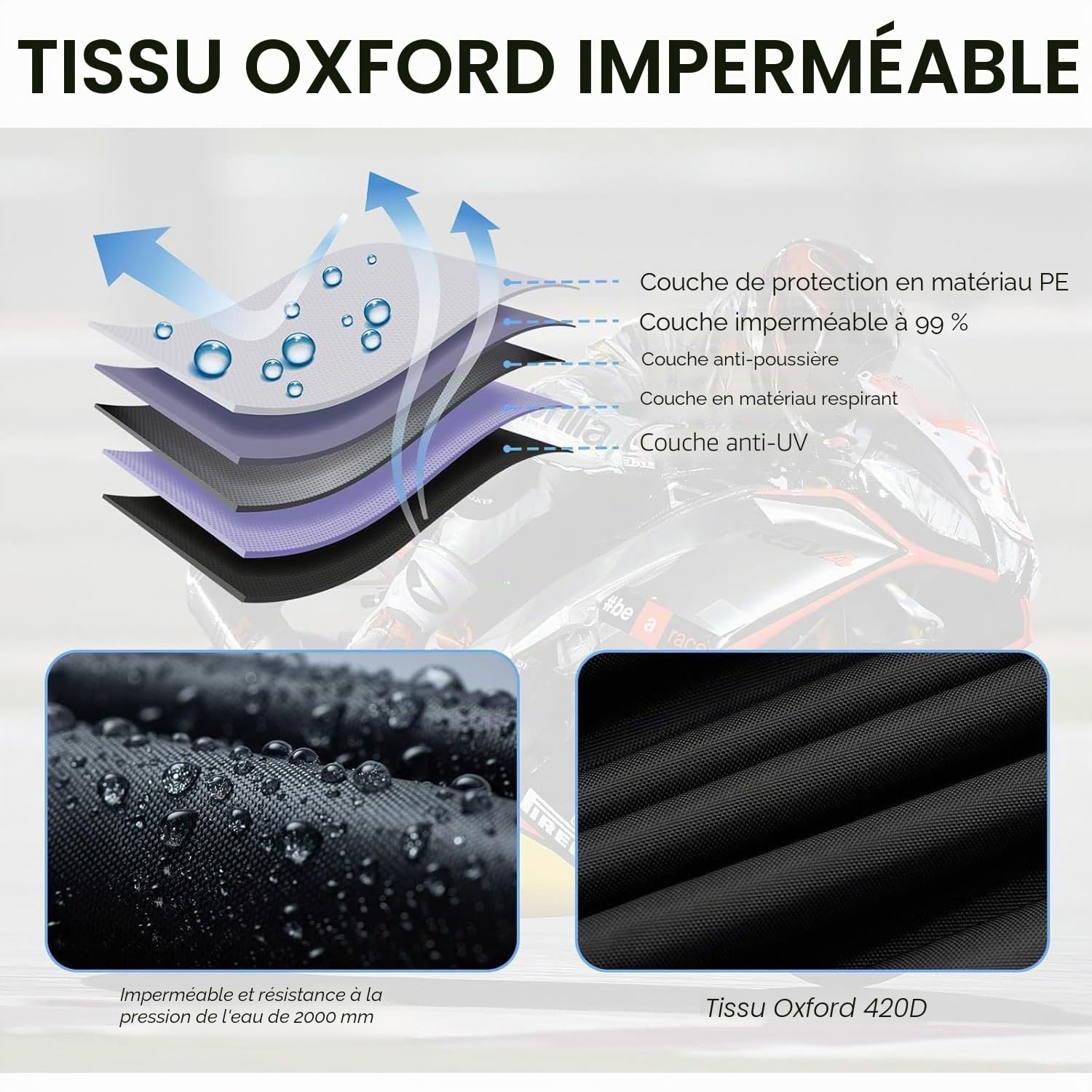 Housse de Moto Extérieure Oxford 420D Bache Moto Impermeable 295*110*145CM | Housse Moto Scooter Couverture Résistant aux Poussière Pluie Neige UV Vent