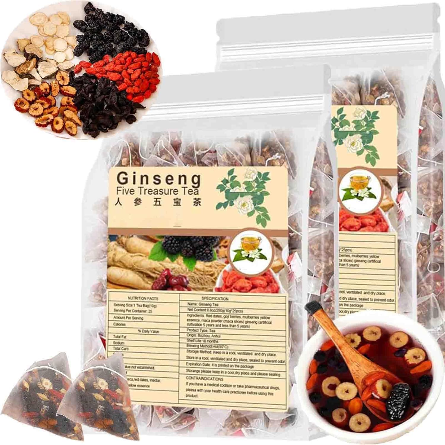 Ginseng & Mulberry Herbal Tea, Ginseng Five Treasures Tea Kidney Tea, Goji Berry Chinese Kidney Cleanse Detox TeaBag for Men Women (2Bag(50pcs))