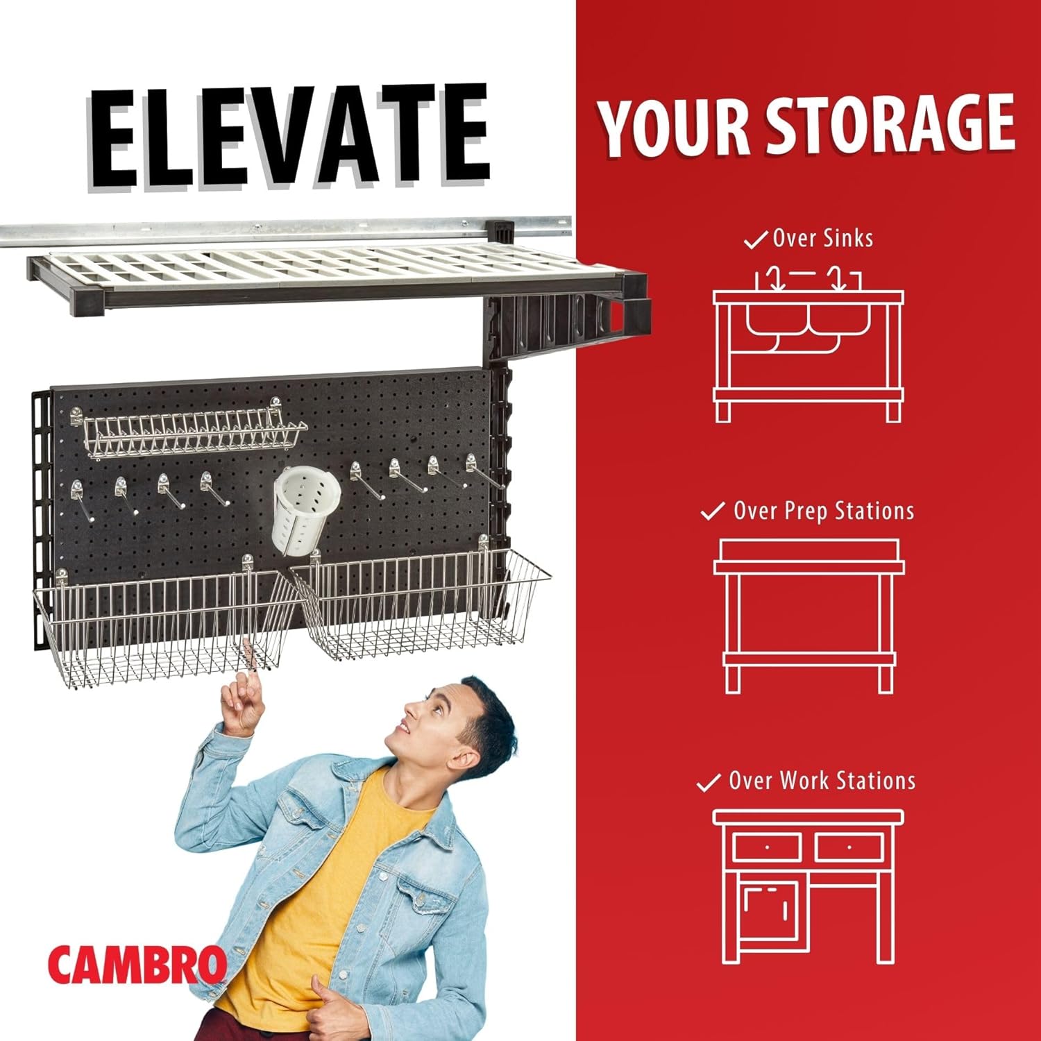Cambro Kitchen Wall Shelf and Pegboard Organizer Kit - Add On Kit - Includes 2 Wire Baskets, 1 Lid Holder Rack, 1 Utensil Holder and 8 Peg Hooks - 1 Post Extension
