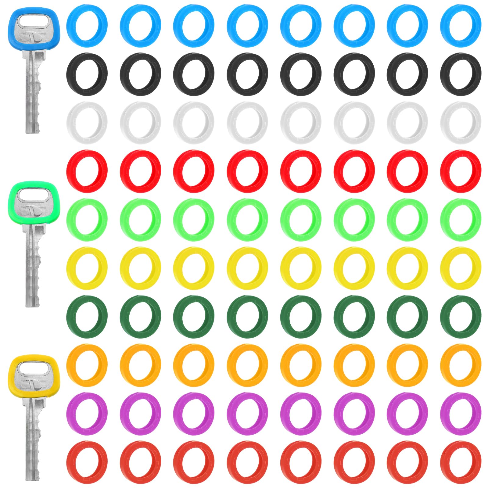 XLIUAX 80 Pcs Key Colorful Caps, Round Key Covers Caps Plastic Stretchy Keys Identifier Rings Toppers for Small Regular Flat House Keys 10 Colors (Not Suitable for Square or Odd-Shaped Keys)