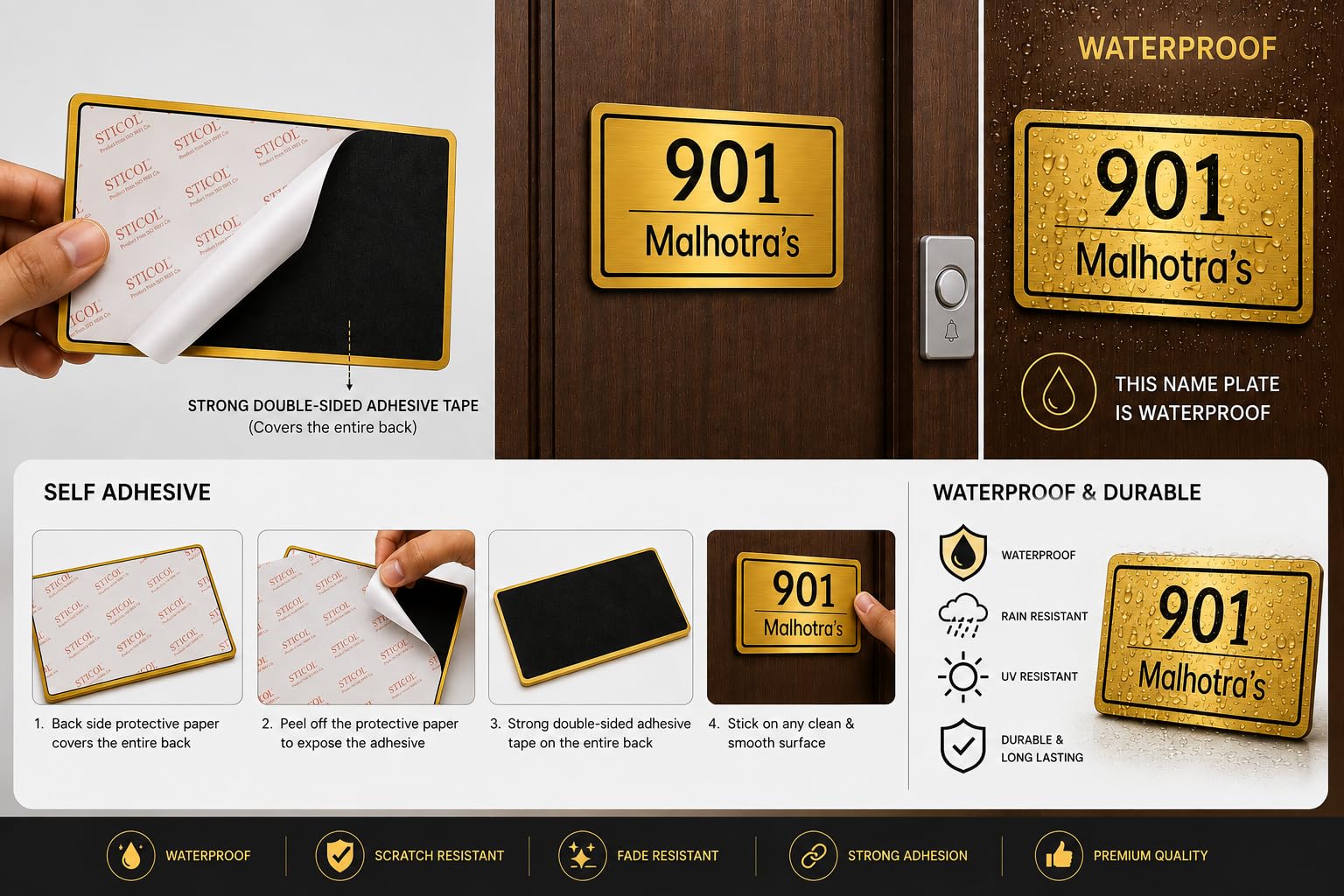 Customized Acrylic Name Plate | Personalized House Number Sign for Home & Office | Premium Golden Brushed Finish | Modern, Weatherproof(Self-Adhesive) | Flat/Apartment/Hotel Door Sign (7 x 4.5 Inches)(Golden) — Amazon image 6