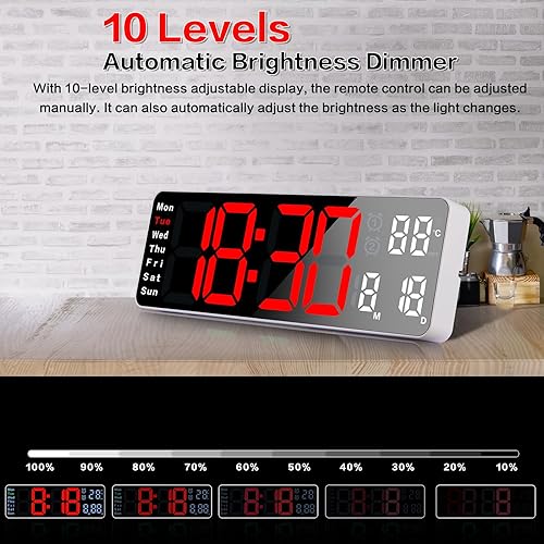 Miniatura 4 de Fuloon Reloj de pared digital con día y fecha, moderno, silencioso para sala de estar y dormitorio, control remoto (rojoblanco, 13 pulgadas)